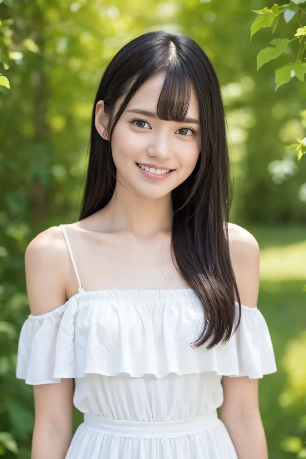 (Highest quality、Tabletop、8k、Best image quality、Award-winning works)、pretty girl、Glowing Skin、Brown Hair、Standing Elegantly、(Face close-up:1.2)、T-Shirts、Woman looking at me、Cute Smile、(A refreshing and mysterious beautiful natural background:1.2)、Beautiful sunlight filtering through the trees、Detailed and intricate beautiful natural background