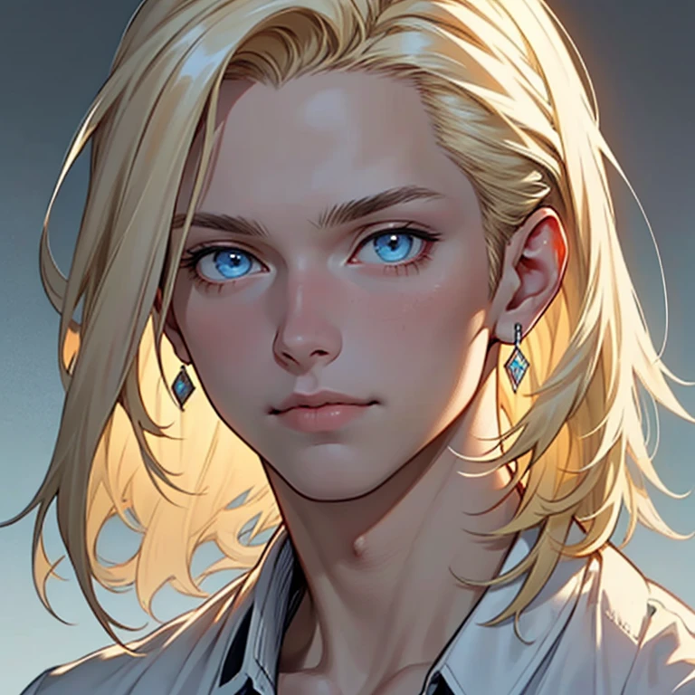 ((masterpiece)), (((best quality))), solo, 1 male, pale white skin, light blonde hair, medium hair, straight hair, handsome man, blue eyes, simple earrings, casual clothes,  detailed face, portrait, highest quality, highly detailed, original, high resolution CG Unit 8k wallpaper, (best quality, artwork, masterpiece, 4k)