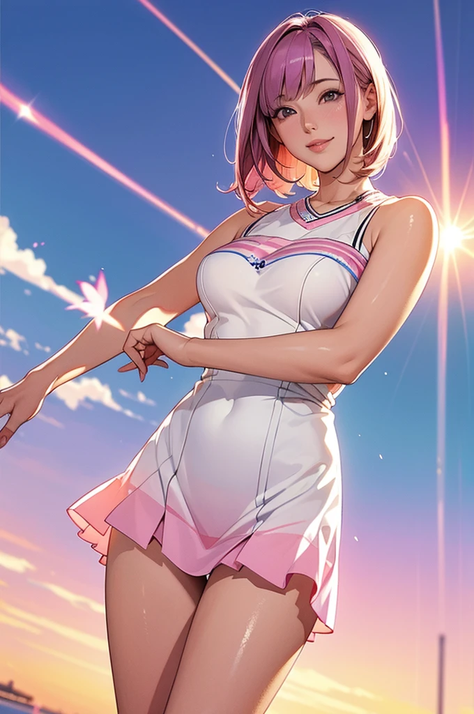 image quality:Highest Quality
Camera Focus: Blur the background
light:sidelight Cute summer outfits、Thin thighs、Shortsperson:20-year-old female,Japanese,
tracing: gal model 、Bright light、
Daytime hairstyles: Short Bob、With bangs
dress:GalSee-throughCasualPastel pinkExpression: The best smile、gal sparkling effect, Lens flare, universe、
flowerpunk、Subtle gradient effect