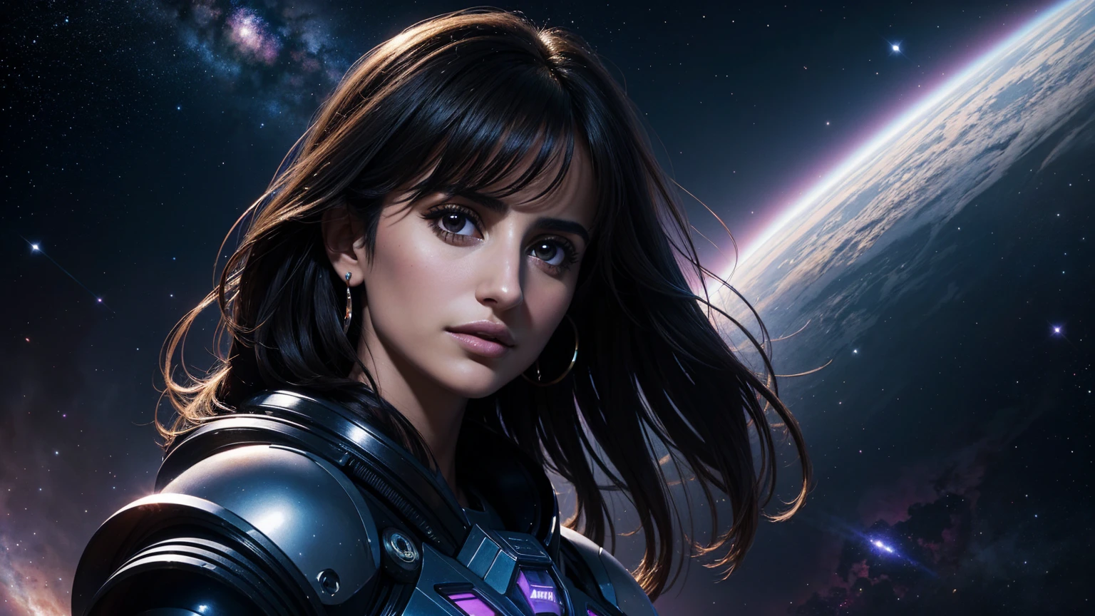 A beautiful portrait of Penelope Cruz surrounded by space and nebula., Action pictures of hot, beautiful EDM girls, The future of the year 2300, Highly detailed, art station, illustration