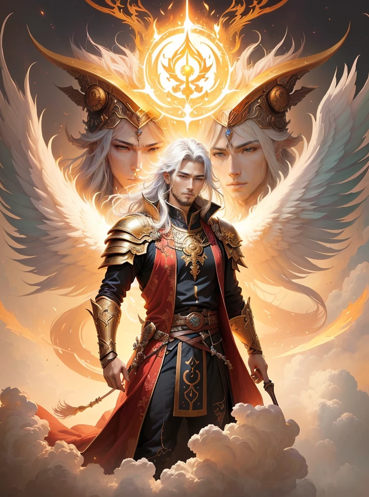 A painting,A man standing on the clouds in the painting,Holding a fire, author:Yang J, epic Fantasy art style hd, The God-Emperor of Humanity, Anime epic artwork, epic Fantasy art style, Epic fantasy digital art style, Anime fantasy illustration, Anime Fantasy Artwork, holy fire spell art, author:The Borun, Beautiful Celestial Mage, Fantasy art style,Facial restoration,hansome,Handsome