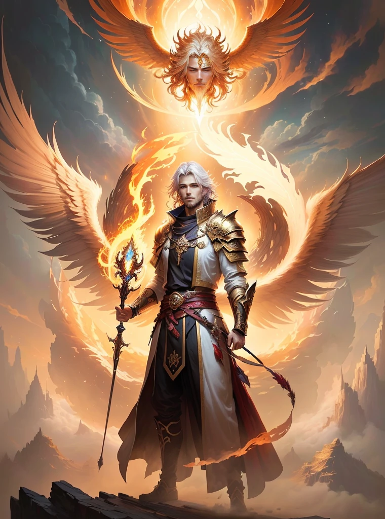 A painting，A man standing on the clouds in the painting，Holding a fire, author：Yang J, epic Fantasy art style hd, The God-Emperor of Humanity, Anime epic artwork, epic Fantasy art style, Epic fantasy digital art style, Anime fantasy illustration, Anime Fantasy Artwork, holy fire spell art, author：The Borun, Beautiful Celestial Mage, Fantasy art style，Facial restoration，hansome，Handsome