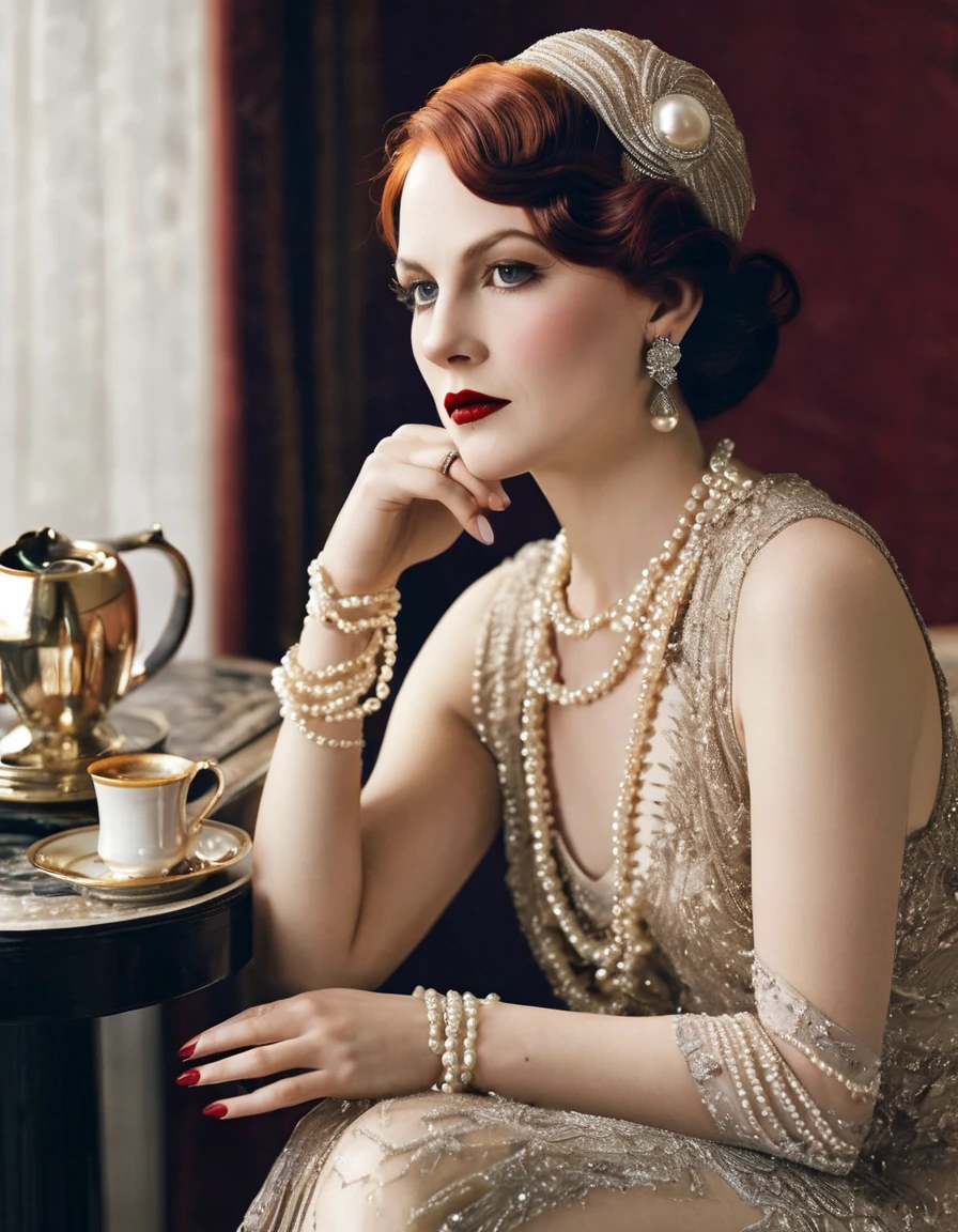 Woman wearing fashionable clothes, sitting at the table,Coffee on hand, The atmosphere of the 1920s, 1 9 2 0 s style, 1920s style, roaring 20s, Fabric Style 1 9 2 0 s, Dress in 1920s fashion, Roaring Twenties, 1920s dystopian retro vibe, art deco era,wearing a fur coat,pearl jewelry,Advanced Custom Lace Clothing,perfect toes,(Ablaze, Caucasian skin:1.37), super clear, &Quote;Grande Gatsby&Quote; uploads,Luxurious pearl and diamond ring,bracelet,tails,Dress in 1920s fashion, long open red hair, 1 9 2 0 s style, 1 9 2 0 clothes, Fabric Style 1 9 2 0 s,art deco,