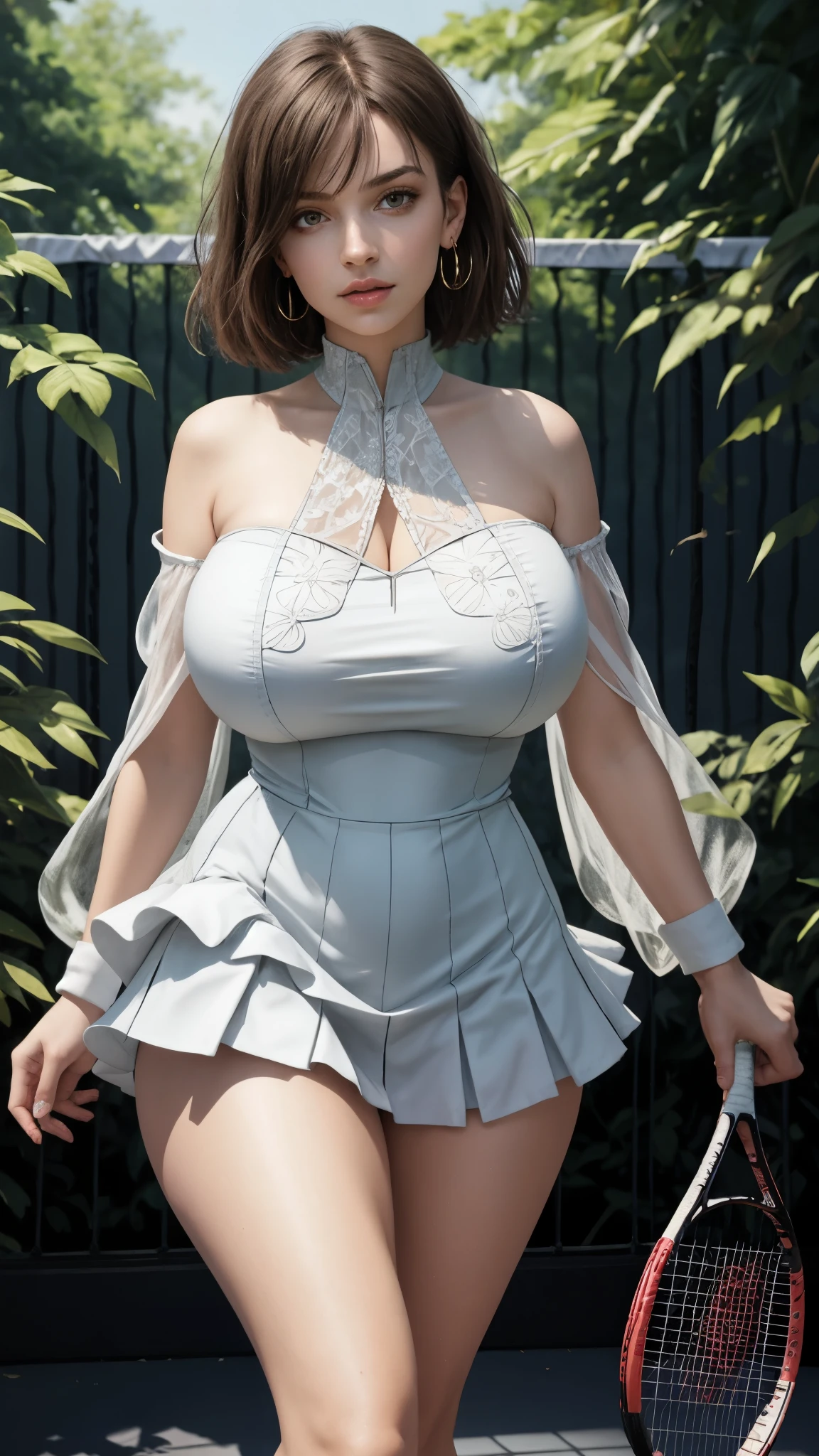 1girl, (solo:1.4), standing, fitted bodice tennis dress, flared skirt, hand on chest, detailed face, (looking at viewer:1.4), head tilt, layered pixie haircut, thighs, tennis court, (gigantic breasts:1.2), ((best quality, masterpiece:1.2), (best illustration), (extremely detailed illustration), (intricate white clothing theme:1.2), leotard, meme attire, bikini, earrings, hoop earrings, jewelry, strapless bikini, swimsuit, necklace, swimsuit, one-piece, forest green, woodland theme, bikini bottom detailing, nature-inspired, forest nymph, enchanted forest, fantasy fashion, rustic look, magical essence:0.8),