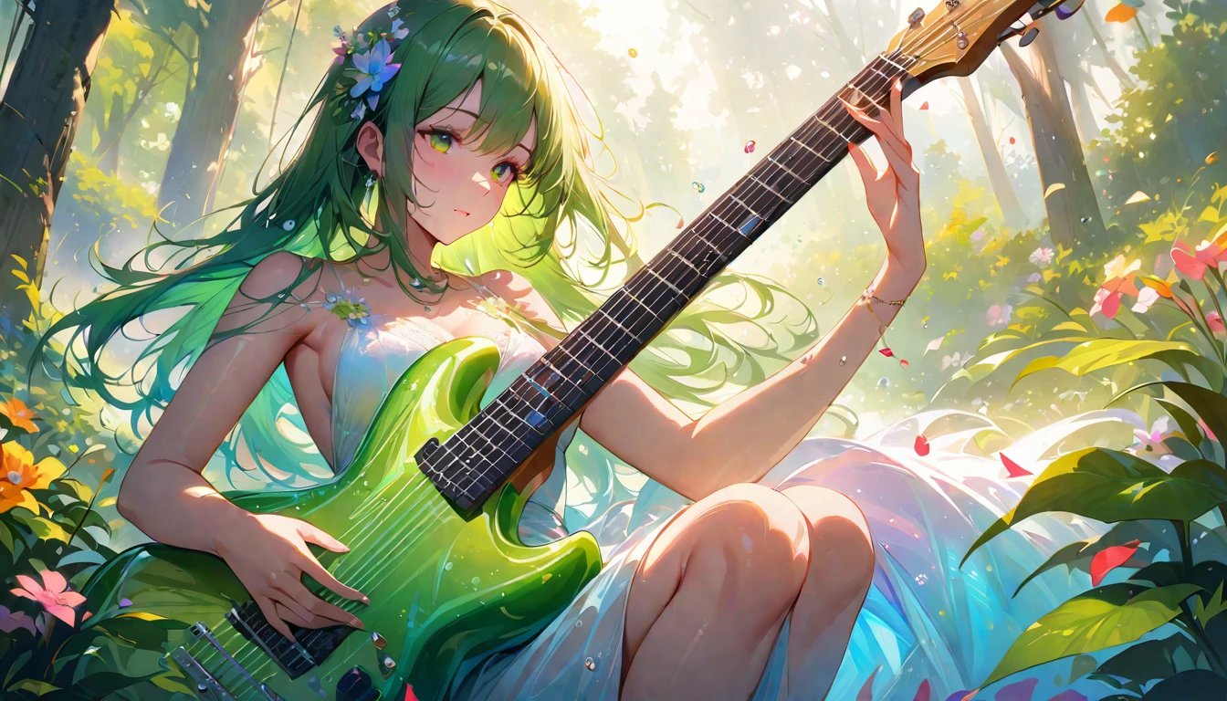 (best quality,4k,8k,highres,masterpiece:1.2),ultra-detailed,realistic,crystal-clear guitar carving,translucent morning of spring,sunlight reflection on guitar,body details,delicate strings,vibrant color palette,sculpting tools,hourglass figure,sound holes,elegant curves,polished surface,delicate engravings,effects of light and shadow,subtle reflections,shimmering surface,sparkling gemstones,flower petals falling,floral patterns,emerald accents throughout,transparent springtime essence,ethereal atmosphere,peaceful garden background,serene ambiance,morning dew,soft sunlight filtering through trees,lush greenery,vividly colored blossoms,harmonious blend of nature and art,impeccable craftsmanship,transcendent beauty,awe-inspiring artwork