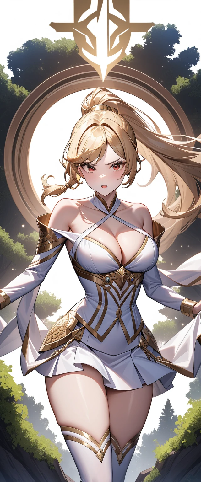 とても薄い服を着た曲線美な体の女god　Voluptuous body　sexy　Chains on thighs　Bite　(((One Woman)))　god様　god々Shii　Shoulder Bare　Heavy equipment　Dynamic pose　ギリシャgod話　Athena　godの装飾　Big eyes　(((Red eyes)))　Blonde　((Short Hair))　ponytail　Hair tied up high　ハイponytail　Side braid　Center part with bangs swept up　Forehead　((Fabric Criss-Cross Halter))　(((There are folds in the clothes)))　Flashy clothes　Oversized dress　((Cleavage))　Shoulder　The clavicle is visible　Highest quality　Super detailed　detailed woman　High quality　8k　Very detailed　Pure white cloth　The fabric is overlapping　(((Pure white clothes)))　((mini skirt))　Decorated with gorgeous gold ornaments　Detailed Background　nature