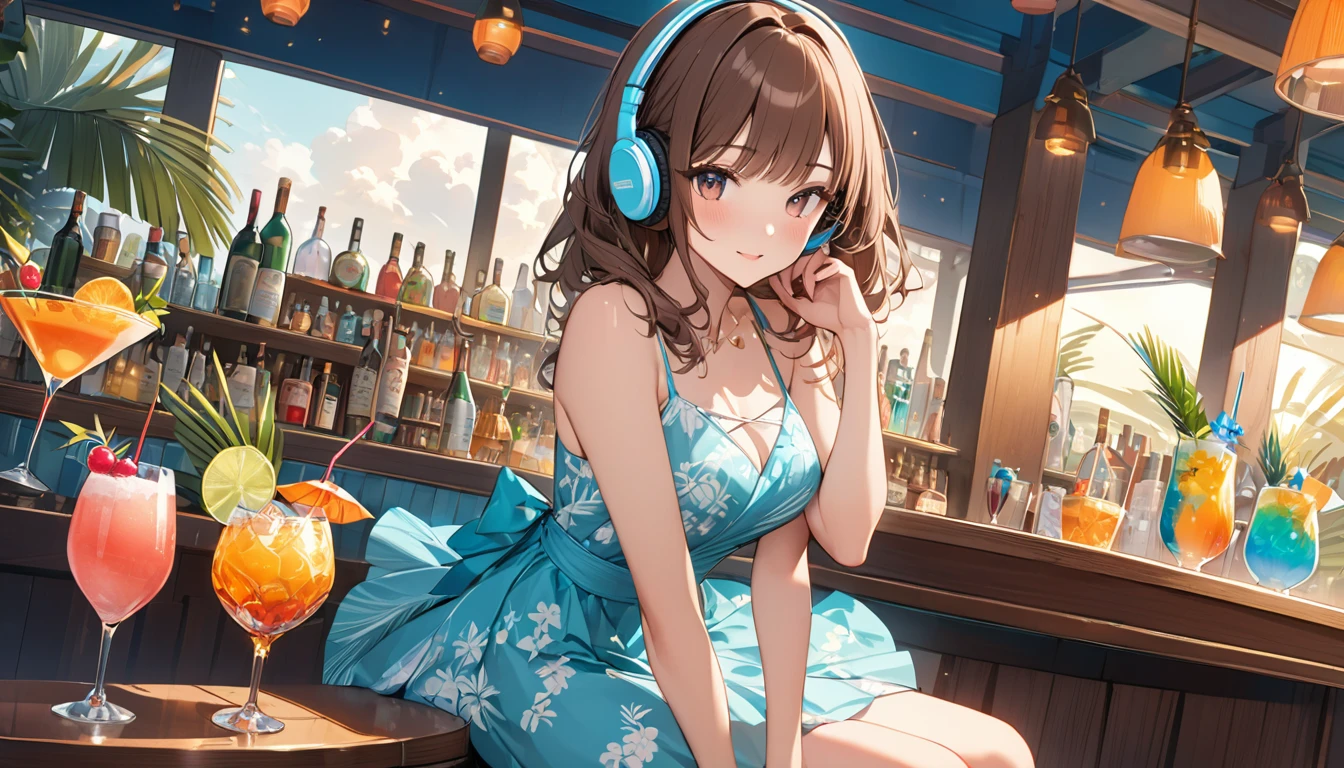 Brown-haired girl wearing headphones、Tropical cocktail time highly detailed、masterpiece, Highest quality, Light background：Tropical cocktail bar look：Relaxed and fun outfit：Tropical cocktail dress pose：Sitting at a bar with a cocktail：Tropical resort bar
(Detailed fingers), (Emotional), (Breathtakingly beautiful), (main part:1.2 Whole body), (Anime Style), (Very detailed), (超High resolution, High resolution), (8k), (Complex and beautiful: 1.2)
