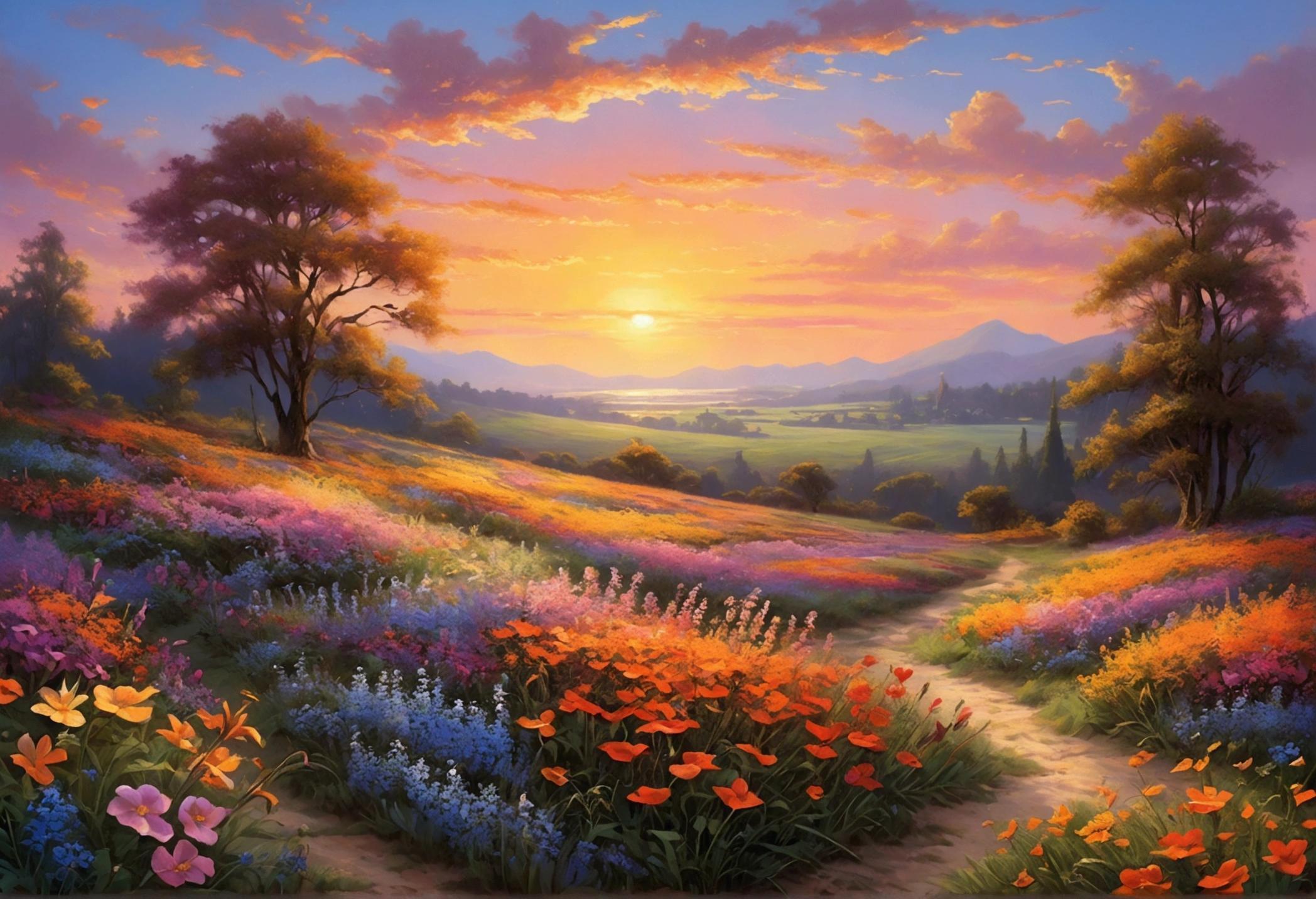 Field of Wildflowers at Sunrise:

A stunning field of wildflowers in full bloom, their vibrant colors illuminated by the first light of dawn. The sky is painted with soft pinks, oranges, and purples as the sun rises over the horizon. A gentle breeze causes the flowers to sway, creating a sense of movement and life. [Digital illustration, inspired by Thomas Kinkade and Bob Ross, with a touch of realism in the landscape], [Warm, sunrise lighting, vibrant multicolored flowers, focus on the flowers and sky, sharp details, realistic textures, smooth transitions].