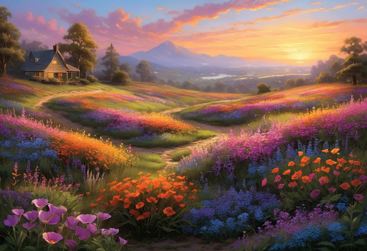 Field of Wildflowers at Sunrise:

A stunning field of wildflowers in full bloom, their vibrant colors illuminated by the first light of dawn. The sky is painted with soft pinks, oranges, and purples as the sun rises over the horizon. A gentle breeze causes the flowers to sway, creating a sense of movement and life. [Digital illustration, inspired by Thomas Kinkade and Bob Ross, with a touch of realism in the landscape], [Warm, sunrise lighting, vibrant multicolored flowers, focus on the flowers and sky, sharp details, realistic textures, smooth transitions].
