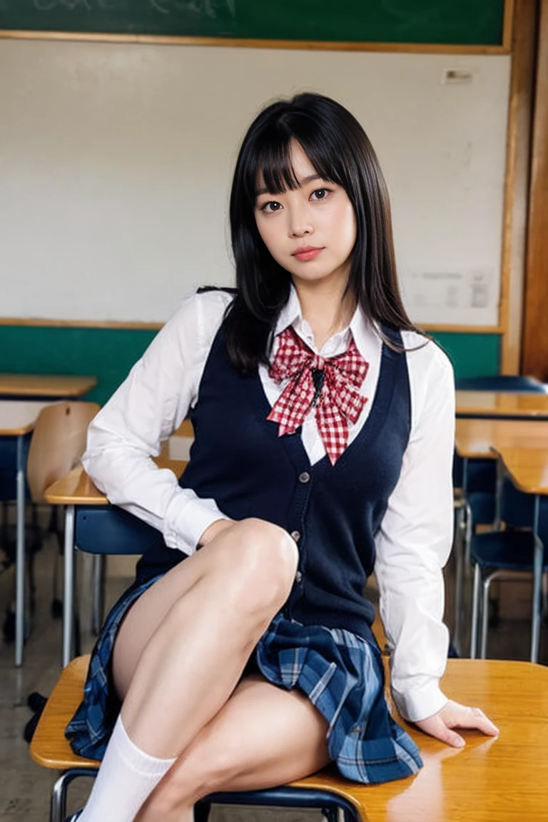 alone、high school girl、Natural body shape、White skin、Natural Makeup、Black Hair、bangs、Straight Long Hair、((High School Uniform))(((Navy Blue Cardigan、White collar blouse、red school ribbon、Checkered Pleated Skirt、mini skirt)))、((Big Breasts))、、School classroom、(Looking at the camera facing the front)、Full body photo、Exposing your thighs、Dark blue socks、White School Shoes、((Lift up the skirt))、Pure white panties、Focus on the groin、Sit with your legs apart