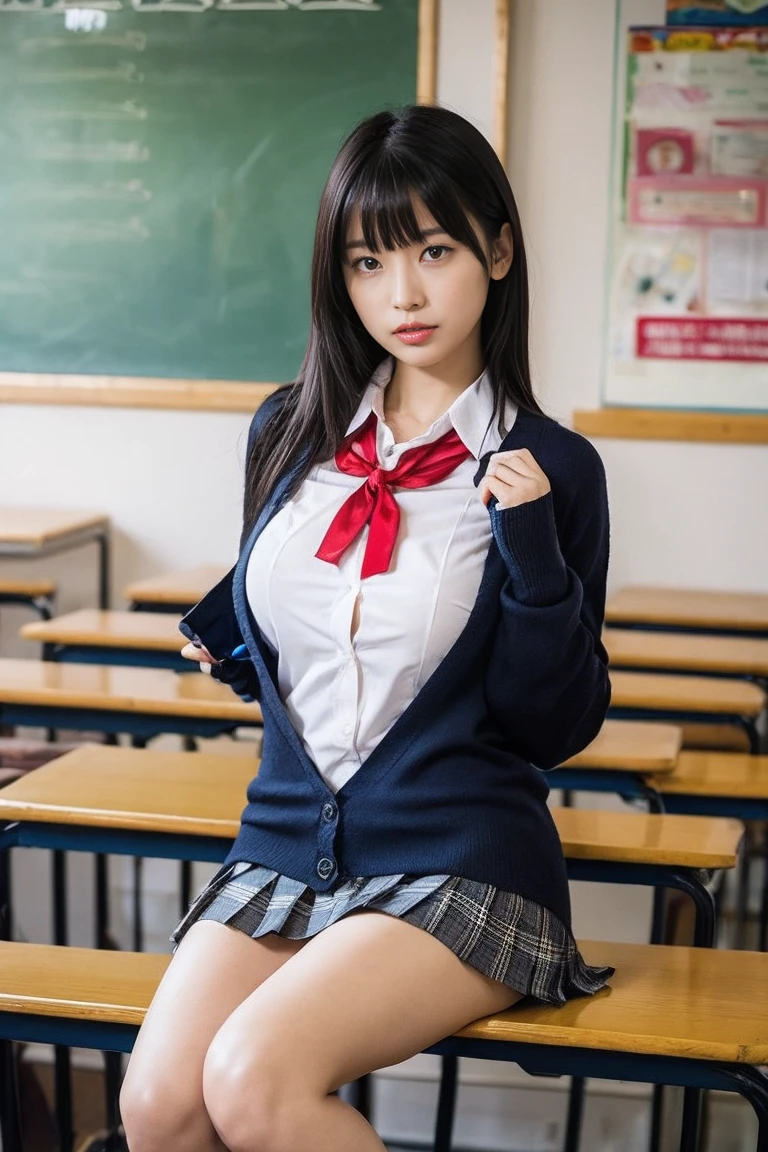 alone、high school girl、Natural body shape、White skin、Natural Makeup、Black Hair、bangs、Straight Long Hair、((High School Uniform))(((Navy Blue Cardigan、White collar blouse、red school ribbon、Checkered Pleated Skirt、mini skirt)))、((Big Breasts))、、School classroom、(Looking at the camera facing the front)、Full body photo、Exposing your thighs、Dark blue socks、White School Shoes、((Lift up the skirt))、Pure white panties、Focus on the groin、Sit with your legs apart