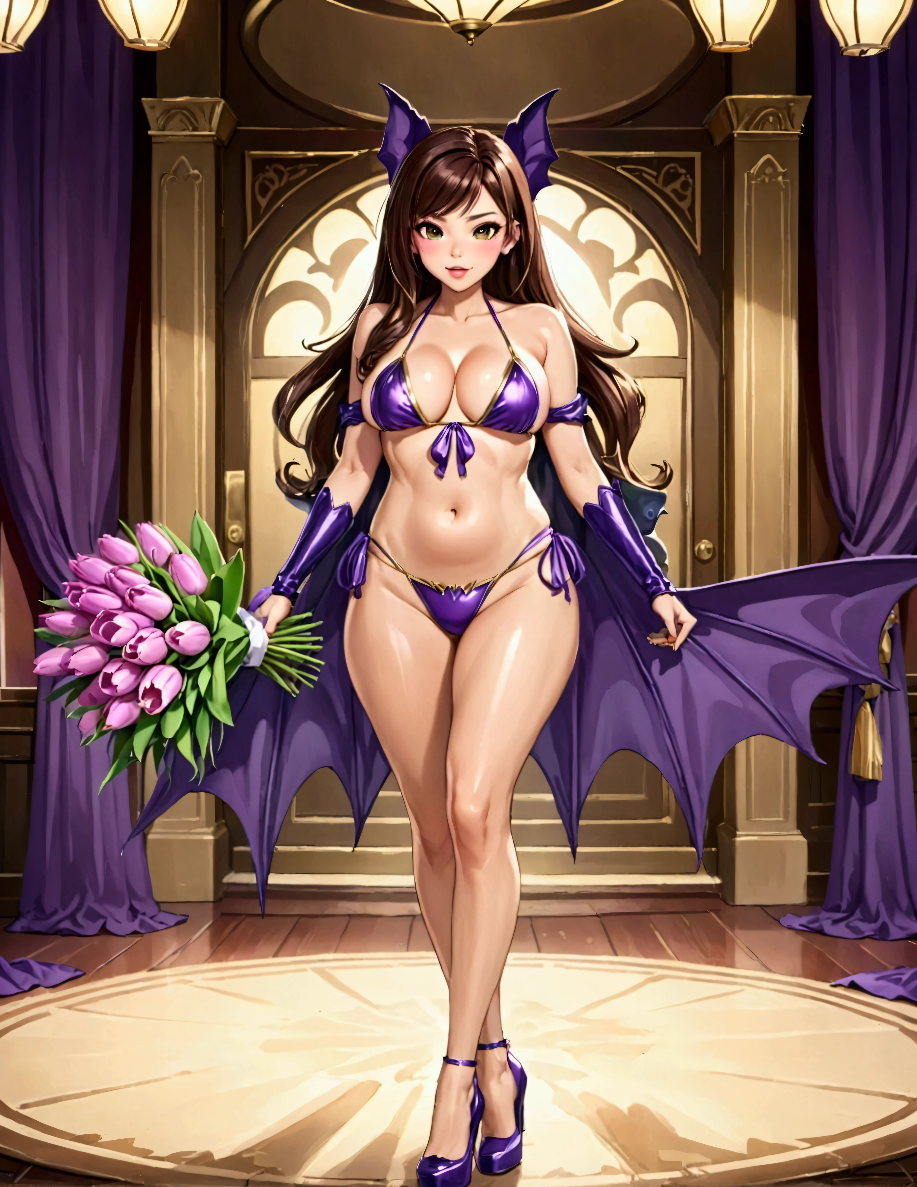 Sofia Vergara (age 40, sexy bat girl bikini cosplay, holding a bouquet of violet tulips) doing a cosplay fashion show, having lots of fun and sexy sassy strut on stage
