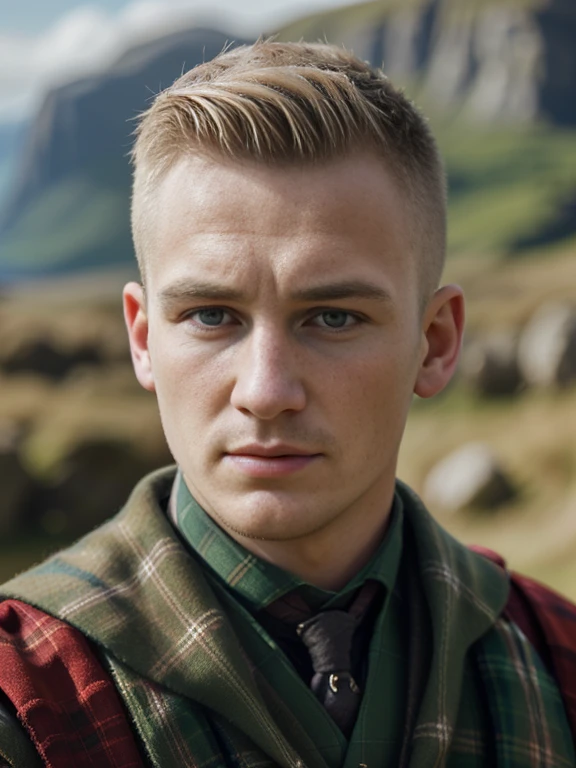Front view, (looking at viewer:1.3), Scottish man, 24  years-old, (blond hair , blew eye,  buzz cut, brave, serious),A beautiful Scottish man wearing traditional Highland dress, including a tartan kilt and accessories like a sporran and sash, standing in a picturesque Scottish landscape. The scene should highlight the elegance and cultural richness of Scottish heritage, ((super detail, high details, high quality, accurate, anatomically correct, textured skin, beautiful fingers super detail, high details, high quality, best quality))