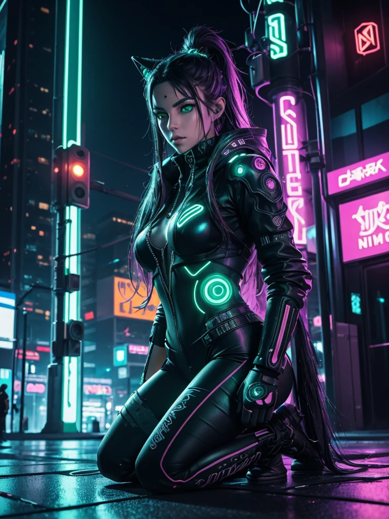 Create an ultra realistic 5D image of a beautiful girl with green eyes and long eyelashes dressed as a cyberpunk in neon glowing molecular microparticles in all colors, cool cyberpunk outfit with all its ornaments, futuristic city environment in this kneeling looking at the camera, The floor is wet and reflects the neon of the buildings around him. His attitude and gaze are deep and penetrating. , He has tattoos on his arms and legs, She is accompanied by a cyberian wolf, beautiful and great white puppies., The image must be perfectly detailed, apply HDMI technologies to give better image quality, 1200 dpi full definition at 132k in cool and creative dynamic poses and views