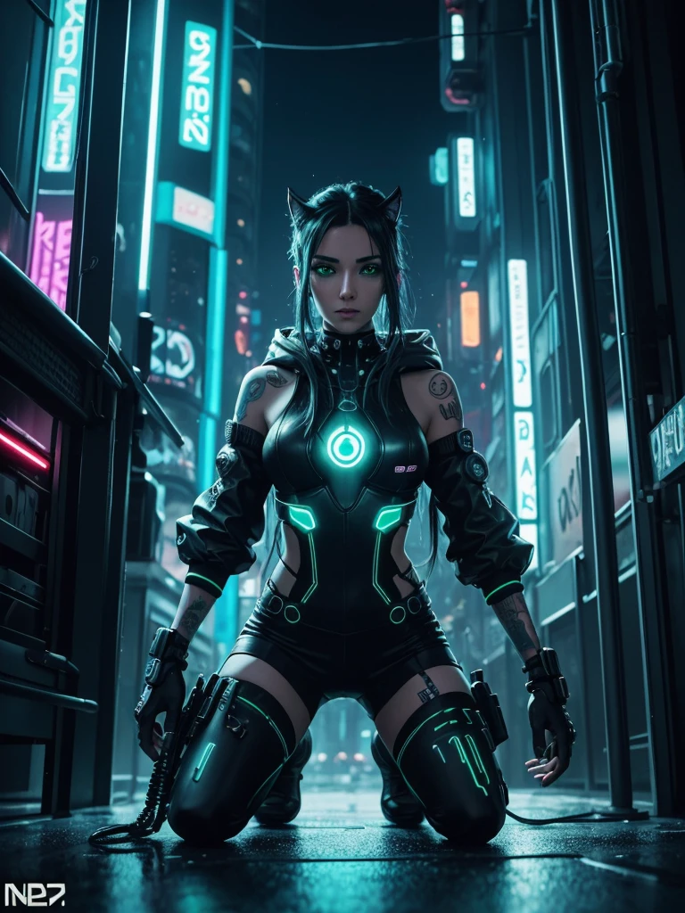 (((aerial view))) of futuristic city, hologram neon buildings, Own futuristic flying cars and futuristic cars, Surreal cyberpunk city, in a Future cyberpunk city, 3d rendering Beeple, at night. sexy woman, tank top, miniskirt, black sunglasses, (((((pistol shooting pose))))), standing, leaning forward, (((((half-body thigh level medium shot))))).