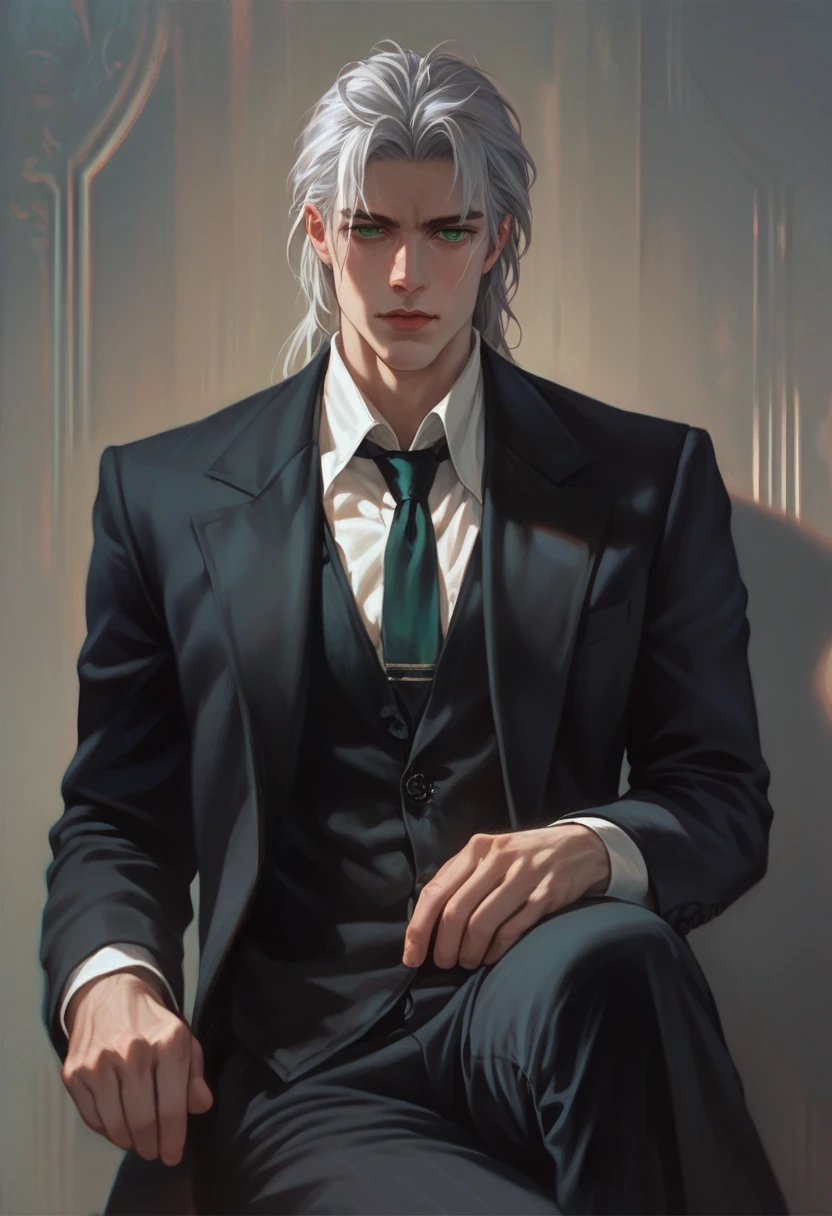 a handsome man with silver hair, green eyes, furrowed brow, black suit, dark blue tie, slick back hair, gloved hands, sitting pose, muscled, detailed portrait, realistic, intricate details, elegant, stylish, moody lighting, cinematic, dramatic