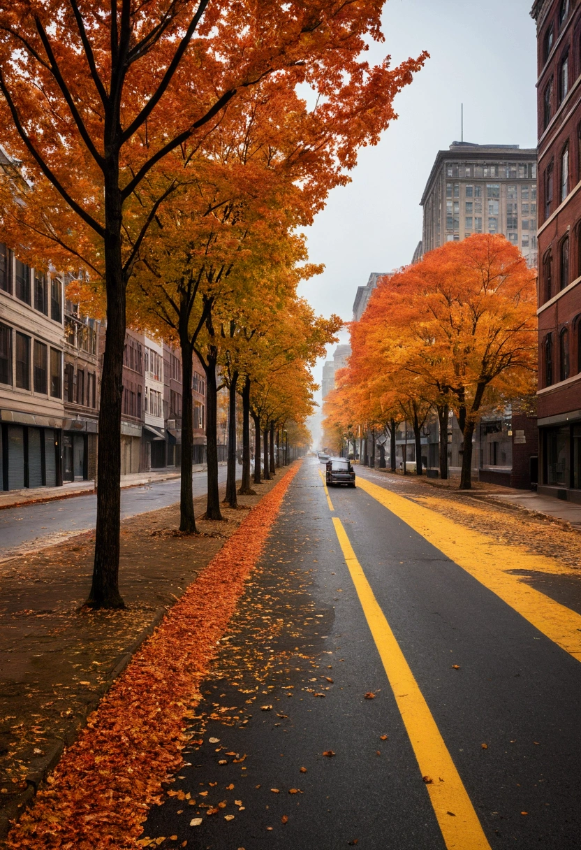 A cityscape bathed in stillness, with empty streets and vacant buildings. Capture the quietude with no honking cars, bustling crowds, or industrial sounds. The scene should show a peaceful, almost surreal urban environment where the only sounds are the gentle rustling of leaves and distant calls of wildlife. The contrast between the usual cacophony and the current tranquility should evoke a sense of calm and an unsettling, beautiful quiet."
