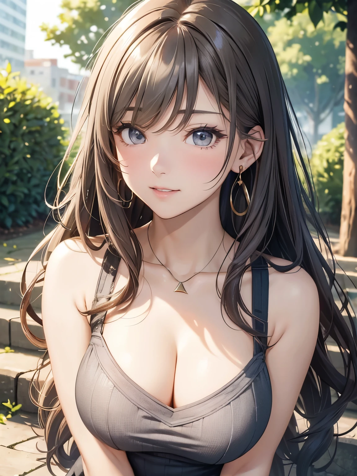 (Highest quality, High resolution, Masterpiece, 4K), (Soft light、Luster of hair、Beautiful eyes)、young woman、The whole body is visible、Adorable smile、 ((Wavy long hair, bangs, Light-colored hair)), ((Wistful eyes、Gray Eyes, Perfect Eyes)), ((Detailed face, blush:1.1)), ((Smooth texture:0.75, Realistic texture:0.65, Realistic:1.1, Anime CG Style)),Large Breasts、valley、Captivating body、(Sexy T-shirts、Sexy Hot Pants、I can see your attractive thighs), Beautiful necklace、Cute Earrings、Coming down the big stairs in the park、Walk along the tree-lined avenue、Strong sunlight、Brush your hair up、Innocently showing off her chest、Angle from below++