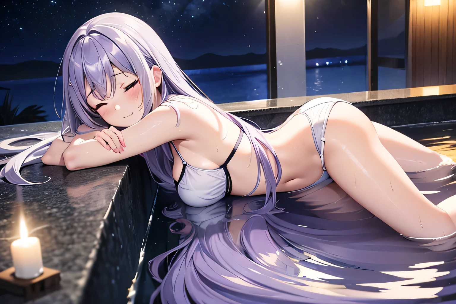 Adult Anime Girl 2d Long Hair Loose light Purple-Grayish, Age Adulthood adult, en una bañera, night, tlamdno una tina relajante, night, light candles, body in the water, ??????, sad, bathroom, eyes closed, white Scleriotica 