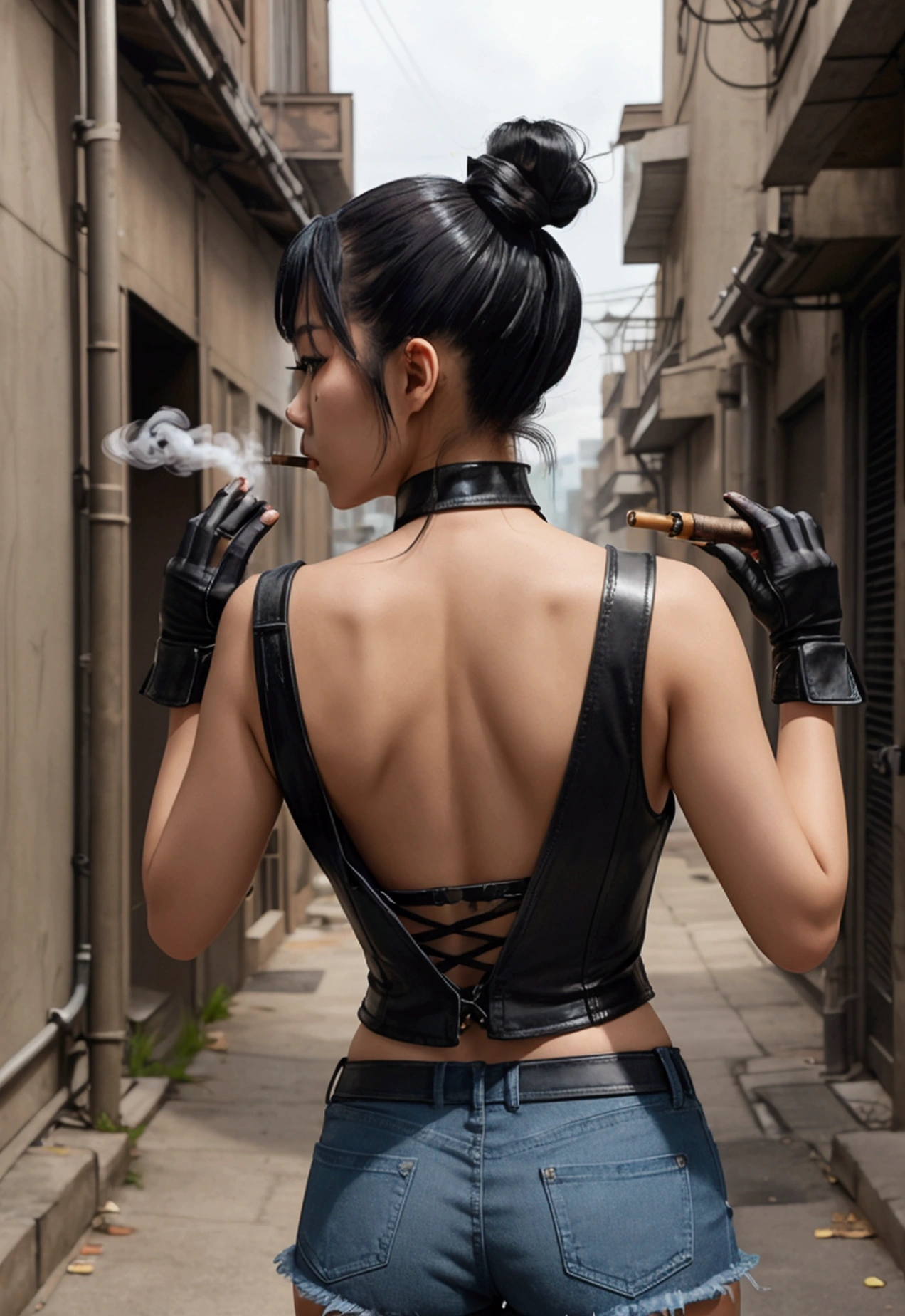 The background is a steampunk-style back alley、Asian Woman、Black tank top、ponytail、Hair Color#330300、Looking this way、Holding a gun in both hands、Smoking a cigarette、Wearing black leather gloves、Wearing denim shorts、Dynamic Movement