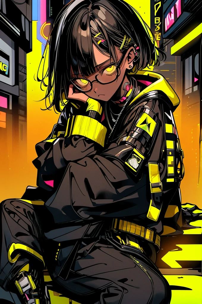 girl, yellow long hair, cool black open short jacket, messy fade cut hair, crazy, sit pose, on futuristic neon night street background,poser.Glasses、Brown Skin、Dark Skin