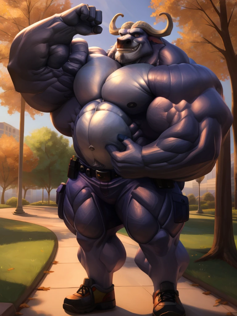 Solo, 1boy, perfect anatomy, perfect proportion, (chief bogo, police shorts, park), topless, Shirtless, perfect center, sharp eyes, big eyes, peaceful, eyes, (smile, happiness), calm, perfect fingers, big hand, fingers. Huge Muscular Old man with short hair, shoes, (cargo shorts), view from side, pectoral, thick arms, huge pectoral, wide pectoral, white hair, white beards, simple background, masterpiece, semirealistic:1.2, high detailed, 8k, high resolution, perfect center, full view. ((really big muscle, massive muscular, sixpack, thick arms, wide pectoral, super huge muscle, hyper muscular, over sized muscle, huge arms, big arms, huge pectoral))