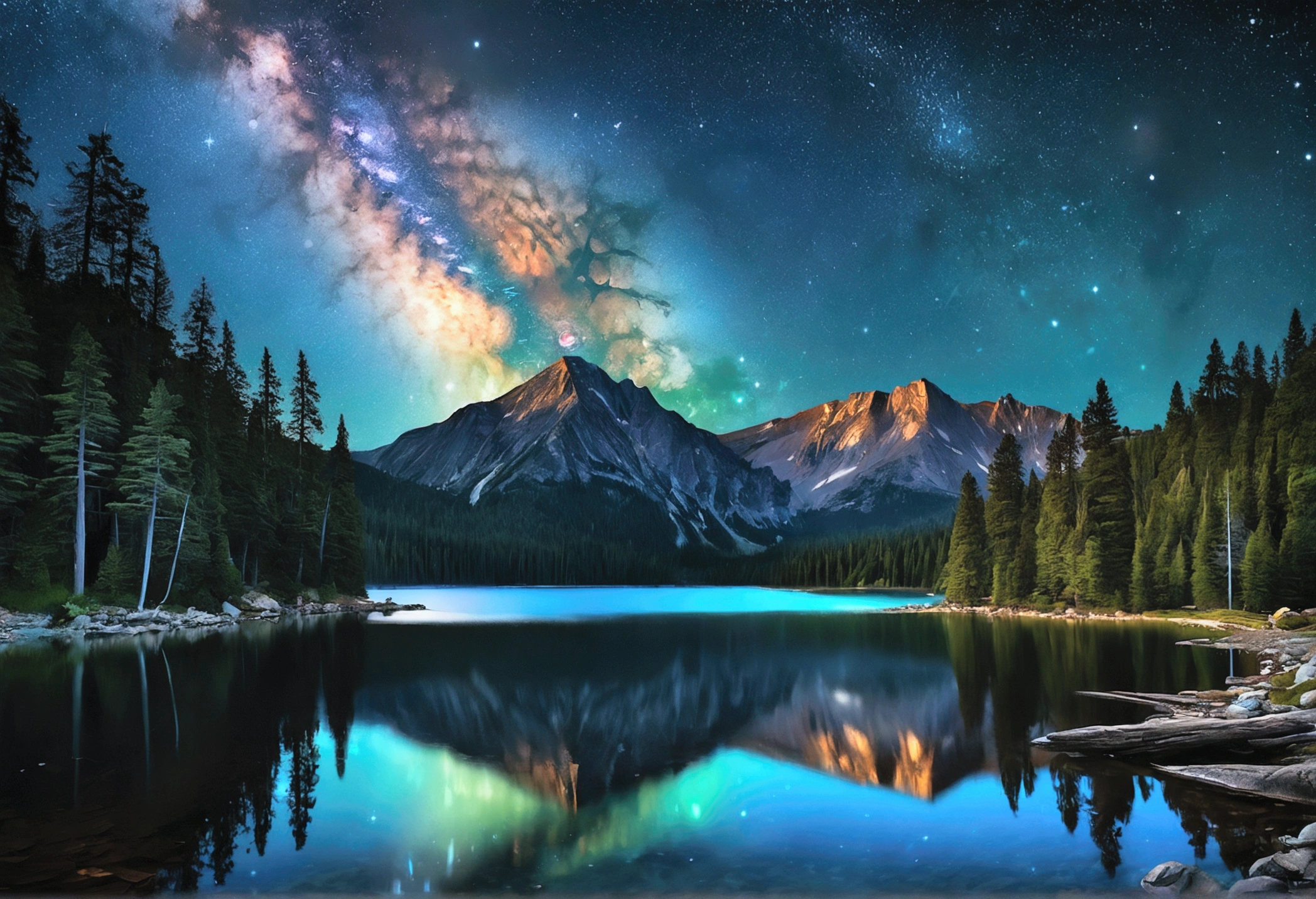 Mountain Lake Reflecting a Starry Night:

A serene mountain lake reflecting a clear, starry night sky. The Milky Way stretches across the horizon, its stars mirrored perfectly in the still waters. Tall, dark pine trees frame the scene, adding a sense of tranquility and isolation. [Digital illustration, inspired by Thomas Kinkade and Bob Ross, with a touch of realism in the landscape], [Cool, night lighting with vibrant stars, focus on the lake and sky, sharp details, realistic textures, smooth transitions].