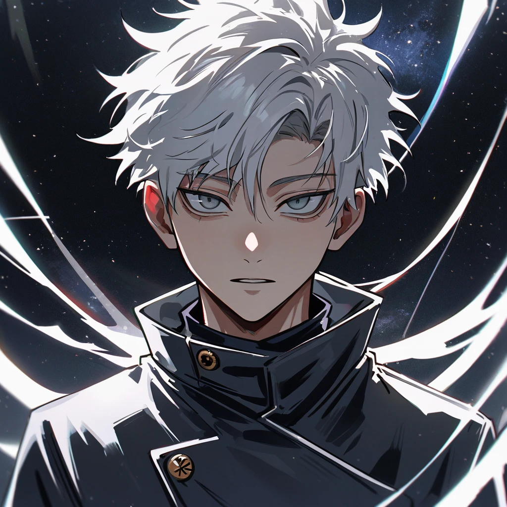 High quality, HD, 4k, no shadows, handsome male, 1male, 17 years old, teenager, short white hair, silver hair, white hair, sharp eyes, dark grey colored eyes, deep grey eyes, grey eyes, close up, jujutsu kaisen, calm expression, stoic expression, black leather clothes, white leather clothing, lean body, well trained body, upper body, looking at viewer, cowboy shot, white solar, space background