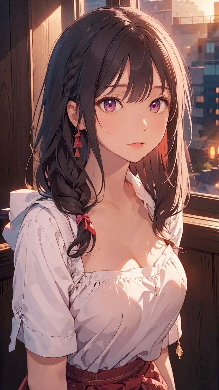 (best quality, Masterpiece), 1 girl, The sun shines, In the building, bedroom, black hair, Beautiful long hair, braid, pink eyes, cute, Bright face, Good mood, big breasts, เสื้อผ้าpornographic, pornographic, collarbone, shoulder, shy, Very blushing., 1 woman, young girl, (Goosebumps:0.7), Beautiful face, (shyไลเนอร์, lipstick:0.9), nighttime, fall, 4K, 8K, UHD, HDR, detailed background, background
