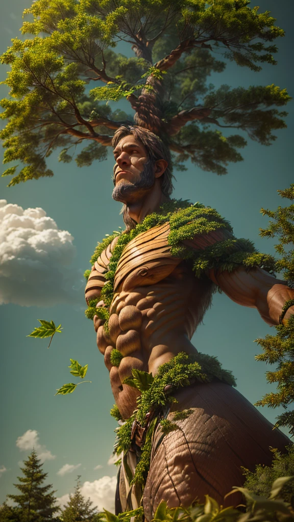 (good structure),high dynamic range,ultra high definition,8k,Wooden giant,Giant Clan, branch, dark skin, falling leaves, feathers, forest, grass, jewelry,Sitting posture, leaf, leaves in wind, male focus, muscular, nature, necklace, petals, plant, solo, tree,beard
