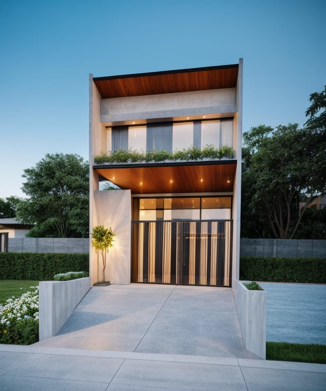 Minimalist architecture, the main materials of the house include white walls, blue concrete effect walls, Realistic images, extremely detailed, a modern house, 1 road in font of house, large yard made by ceramic, (1 car), brick fence, lawn, a few small flowers, a road in front of the house, main materials of the house are white walls and red brick, Modern design, clear blue sky, sunrise light, light from inside, dynamic light,shimering light, cinematic light, romantic feeling, (((day light, warm light)))