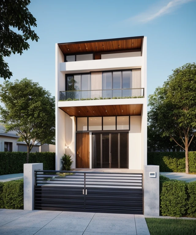 Minimalist architecture, the main materials of the house include white walls, blue concrete effect walls, Realistic images, extremely detailed, a modern house, 1 road in font of house, large yard made by ceramic, (1 car), brick fence, lawn, a few small flowers, a road in front of the house, main materials of the house are white walls and red brick, Modern design, clear blue sky, sunrise light, light from inside, dynamic light,shimering light, cinematic light, romantic feeling, (((day light, warm light)))