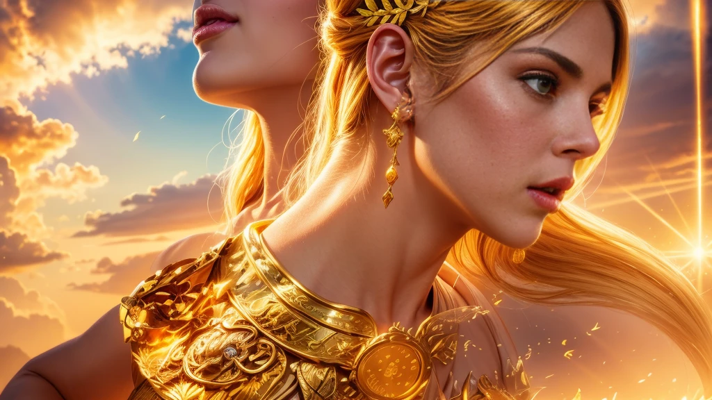 elegant god apollo,handsome young man,golden hair glowing like sun,serene confident expression,majestic figure,flowing white chiton,laurel wreath,golden lyre,bow and quiver of silver-tipped arrows,high hilltop bathed in golden sunset light,stunning sky gradient of orange pink purple,temple of apollo at delphi with grand columns,lush green fields,serene flowing river,laurel tree,sacred python,birds soaring in sky,gentle sunbeams through clouds,balanced harmonious composition,best quality,4k,8k,highres,masterpiece:1.2,ultra-detailed,realistic,photorealistic,photo-realistic:1.37,HDR,UHD,studio lighting,ultra-fine painting,sharp focus,physically-based rendering,extreme detail description,professional,vivid colors,bokeh,digital painting,oil painting,cinematic lighting,dramatic
