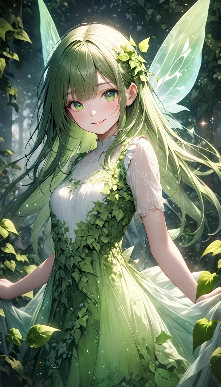 very beautiful female spirit fairy, with long straight green hair, green eyes, smiling, wearing a white and green long frilly dress, covered in green tattoos, great proportion, ivy, shading effects, gradation magic effects, foggy filter effects, glitter effects, (ultra detailed, absolutely resolution, best quality:1.3), 2.5D, delicate and dynamic, artistic photography, hyper realistic, graphic CG digital art