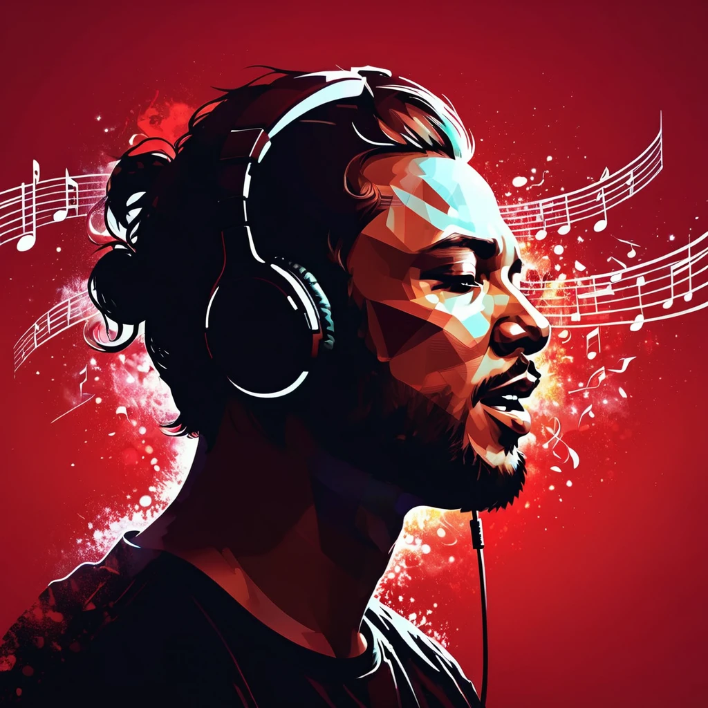 masterpiece、Highest quality、Highest quality、Detailed Description、Delicate depiction、beautiful、art、Woman silhouette、Silhouette in profile、Silhouette of a man wearing headphones、Silhouette of a man singing with his mouth open、Bun Head、Scenes where music comes out of the mouth、Scattered notes、Cyber Taste、Red background、4K Graphics