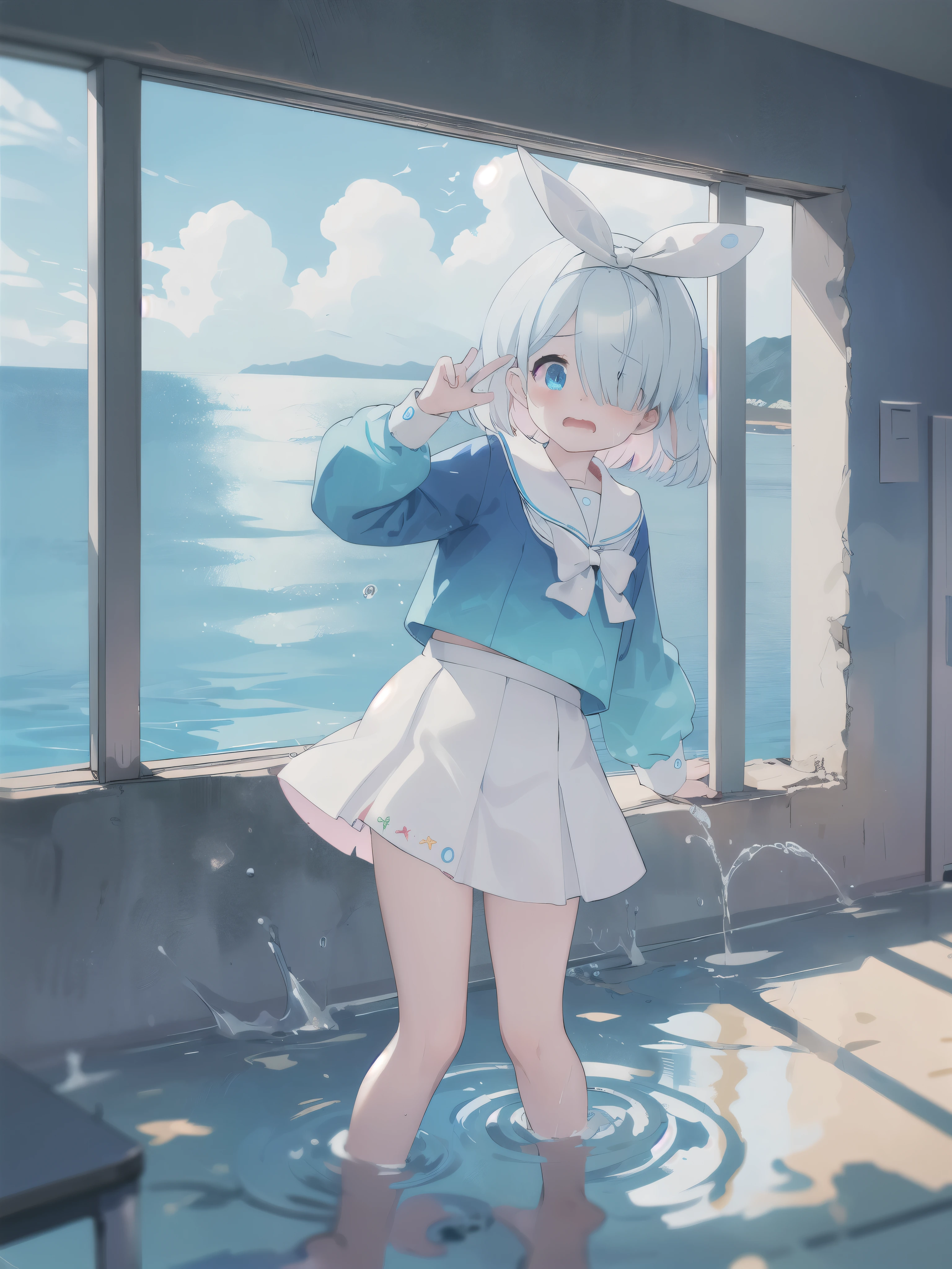 masterpiece,Highest quality,indoor,Ruined classroom,Water is filling up,White tile,Ocean View,noon,blue sky,1 Girl,Halo,Cry with your eyes open,Open your mouth,Blue school shirt,Long sleeves,White Skirt,Focus on face,