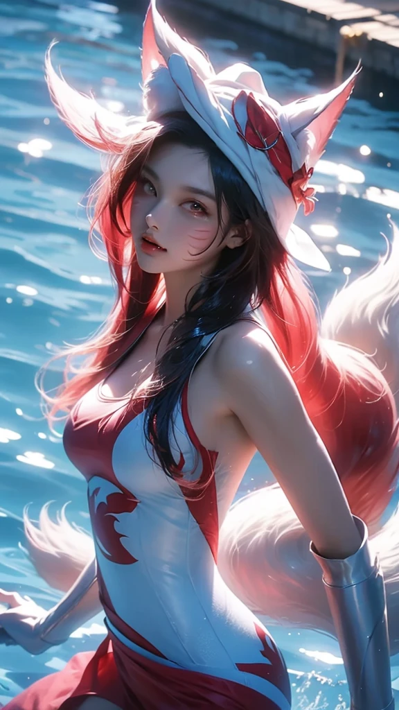 Great Games,jock,Nine-tailed fox girl,Wearing a swimming cap,Wearing a white jumpsuit,In the pool,Swimming,During the game