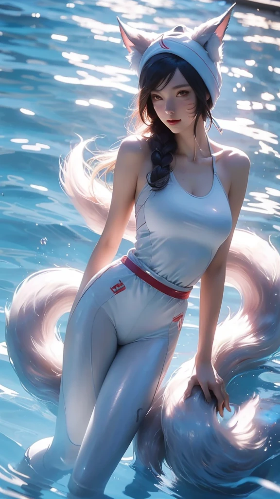 Great Games,jock,Nine-tailed fox girl,Wearing a swimming cap,Wearing a white jumpsuit,In the pool,Swimming,During the game