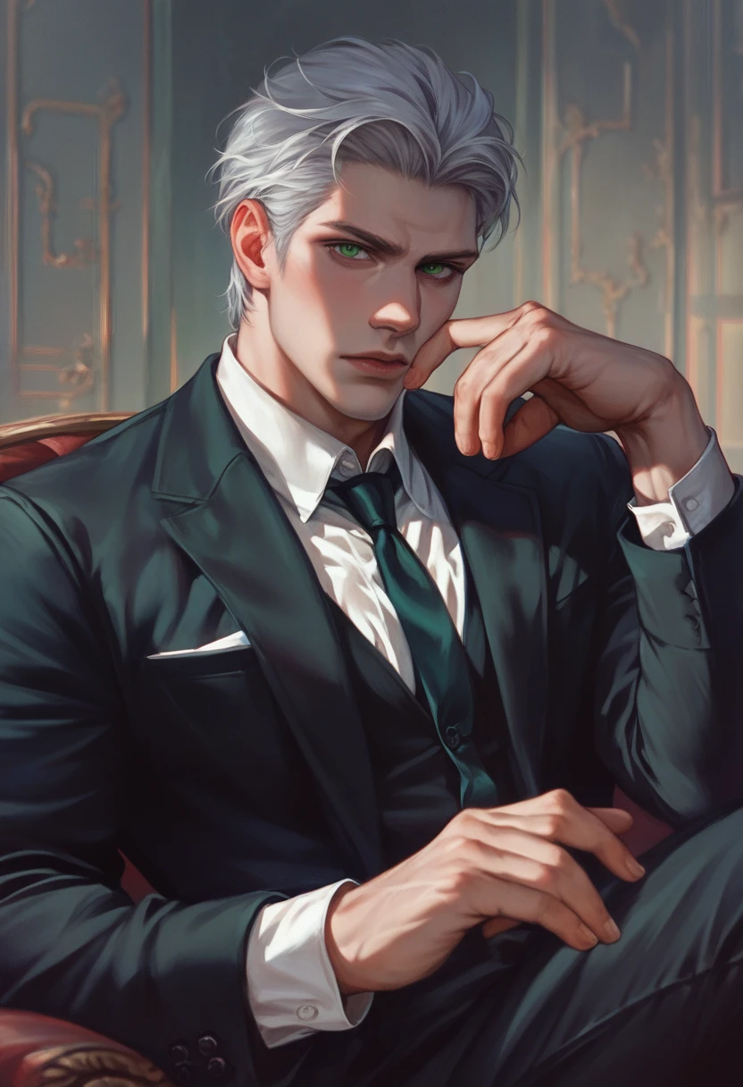 a handsome man with silver hair, green eyes, furrowed brow, black suit, dark blue tie, slick back hair, gloved hands, sitting pose, large muscled, detailed portrait, realistic, intricate details, elegant, stylish, moody lighting, cinematic, dramatic