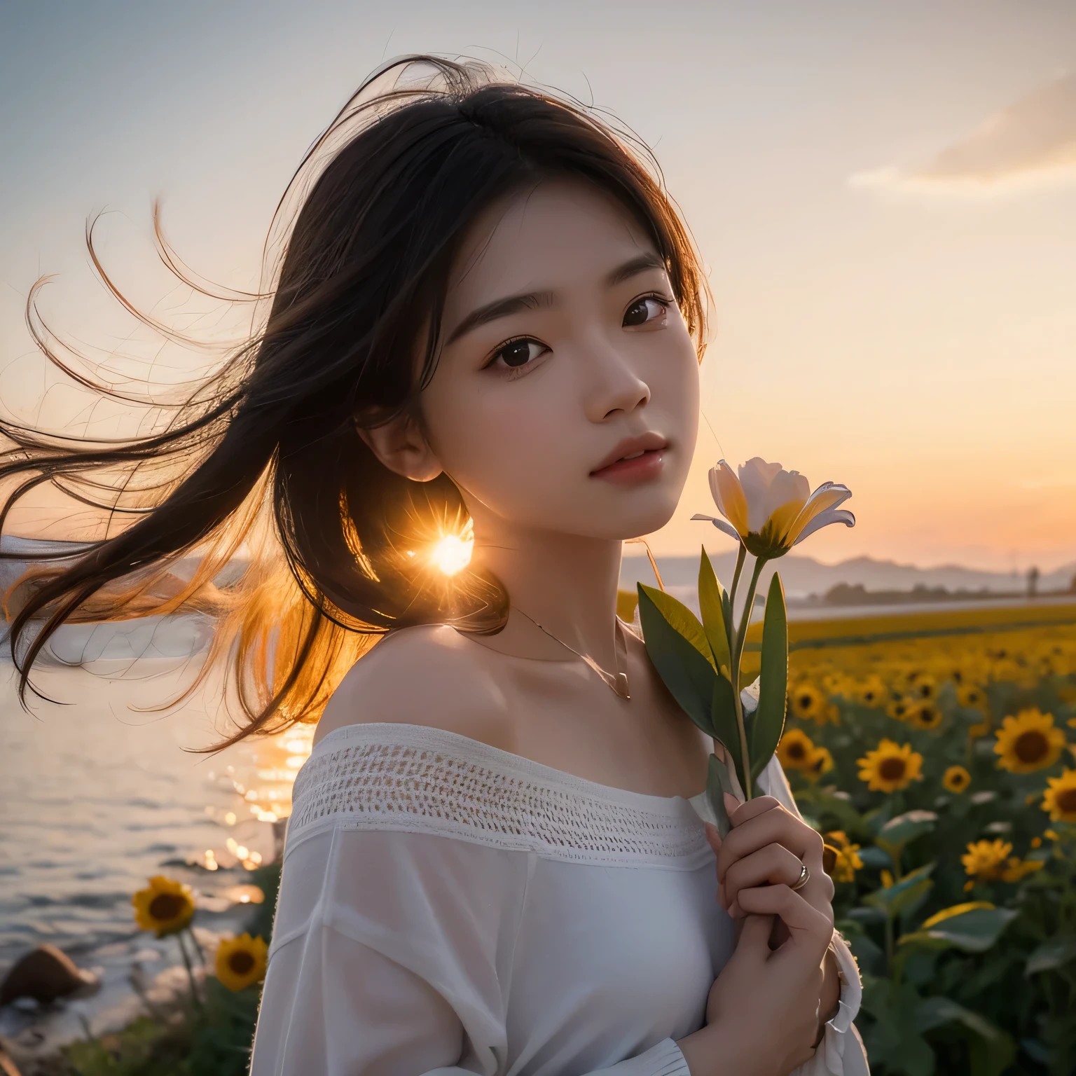 girl, With flowers, sunny, sunset, atmopshere,close up,drawing