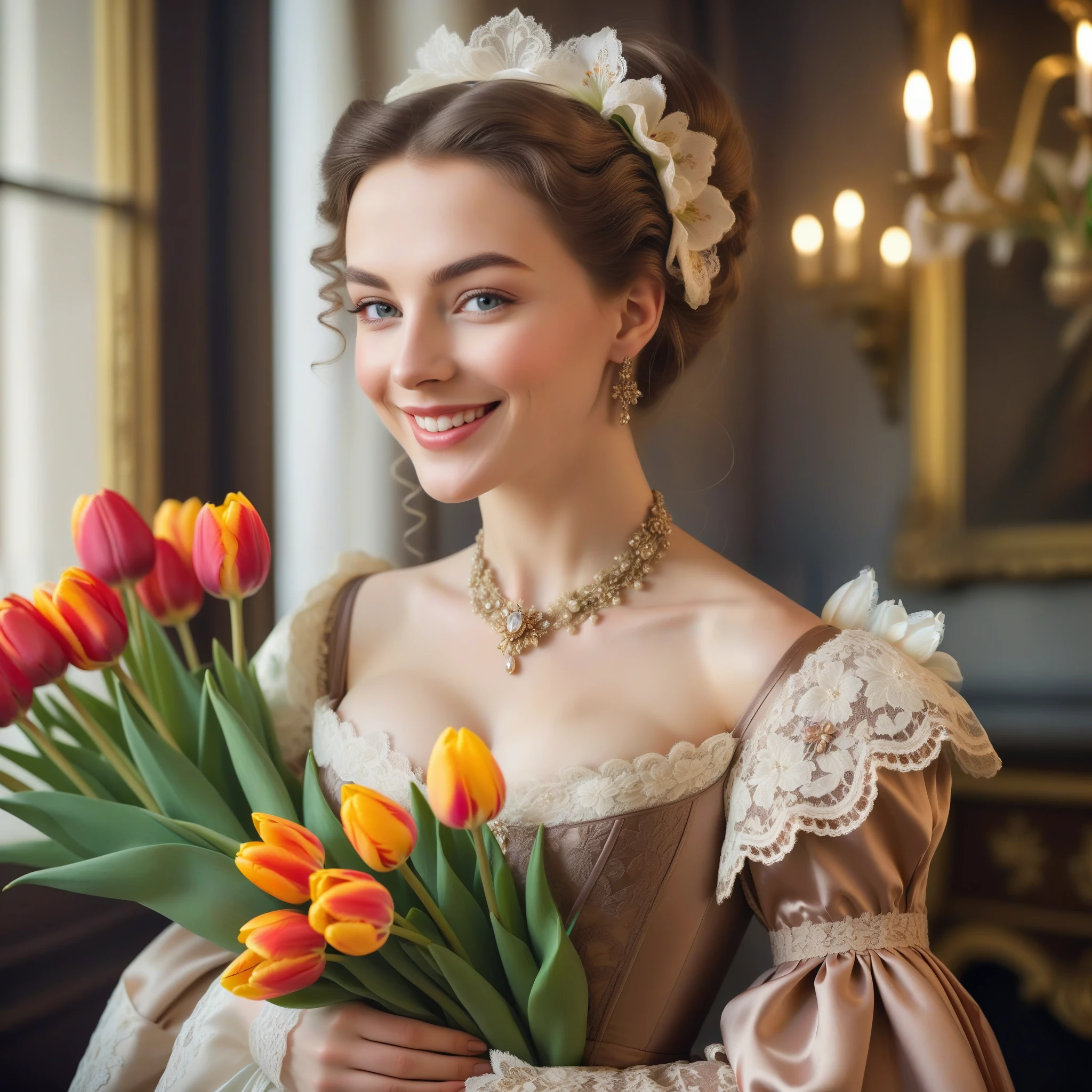 Medieval European royalty and aristocracy, the fashion trend for women with low necklines, accentuating cleavage, lavishly decorated with lace and ribbons, Rococo dresses, a young and extremely beautiful aristocratic woman smiling, half-body portrait of very beautiful aristocratic woman holding a bouquet of tulips