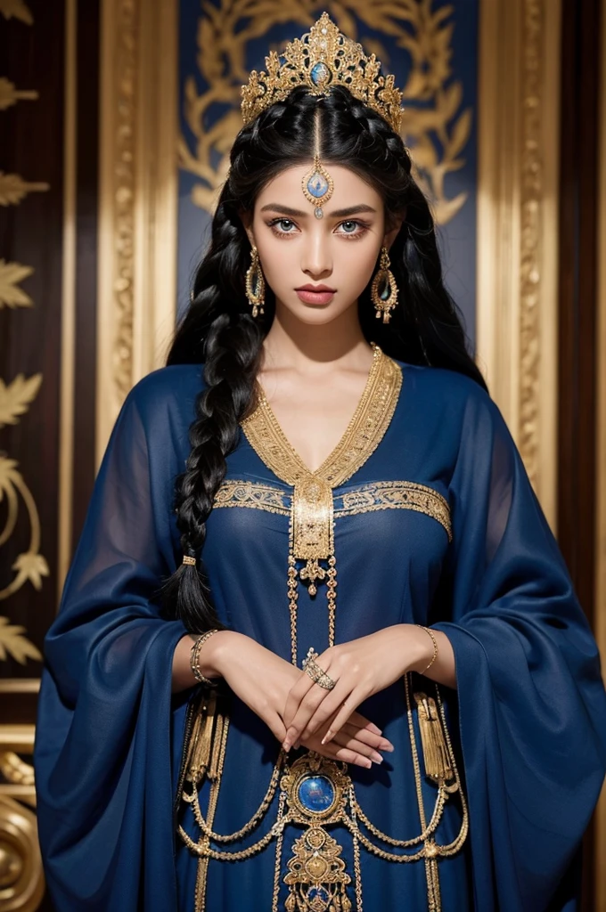 She is an imposing woman, with about 1,70m high. His skin is tanned and his eyes are deep blue, which contrast with her long black hair, usually loose or adorned with thin braids.. She dresses elegantly, with tunics of fine linen and jewelry of gold and lapis lazuli, exuding an air of authority and charisma.