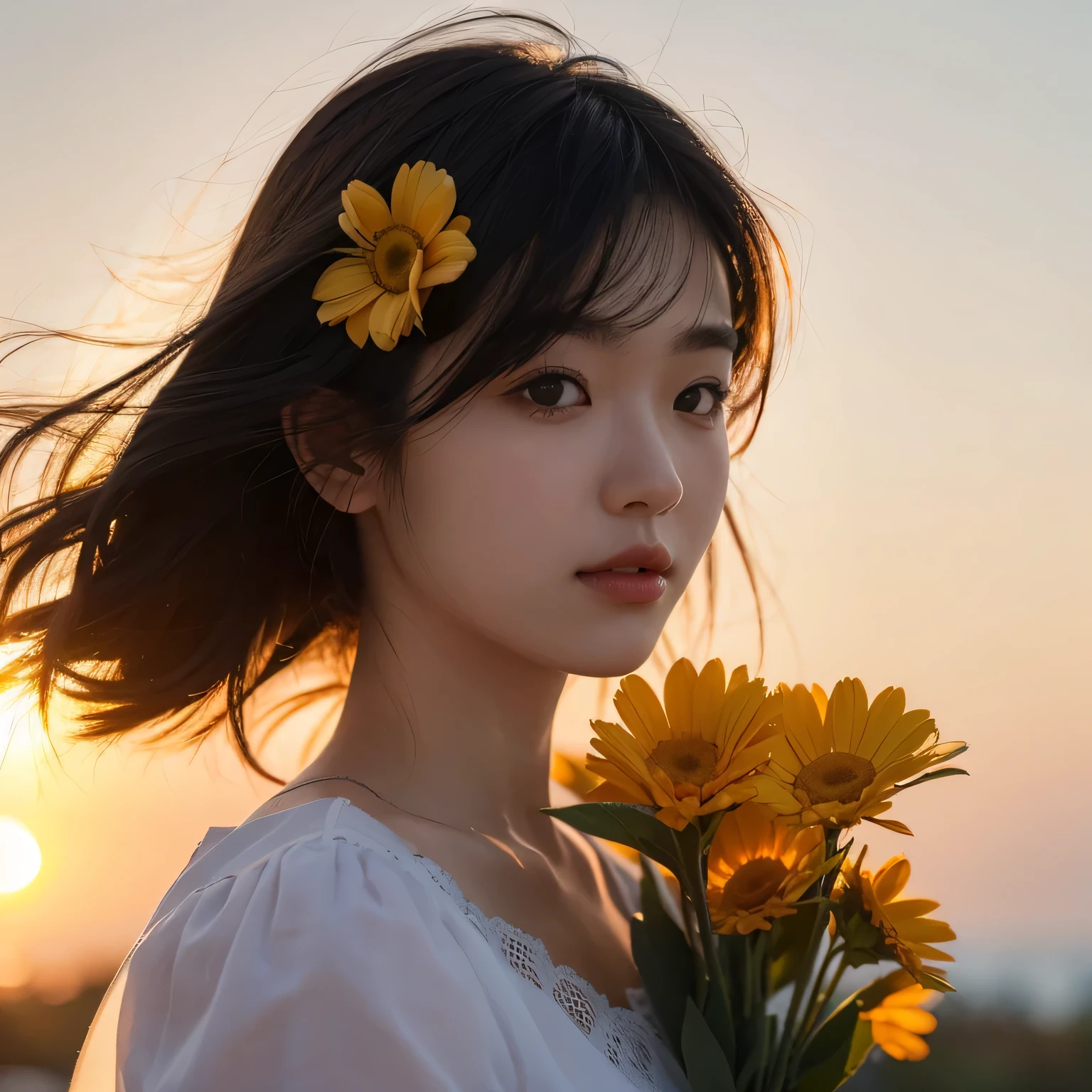 girl, With flowers, sunny, sunset, atmopshere,close up,drawing