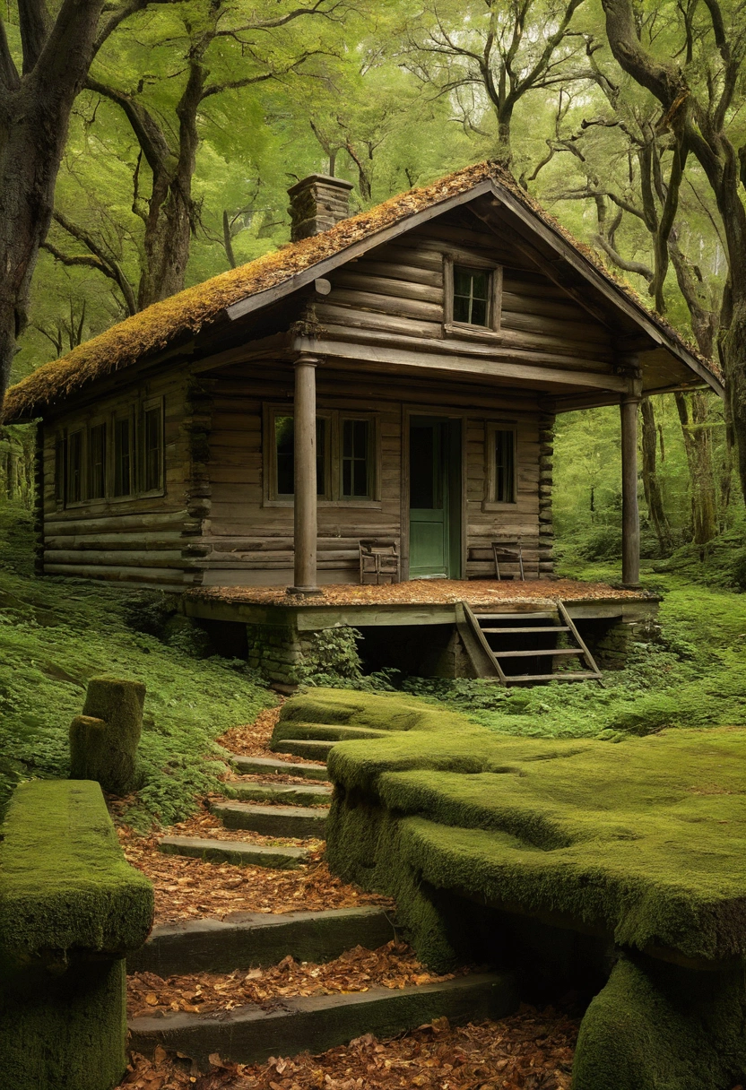 A detailed Victorian-style log cabin stands in the dense forest, embraced by the thickness of nature. Time has left its mark on its walls, covered in a thick layer of emerald green moss that is intertwined with dry branches and fallen leaves. The cabin, although abandoned, maintains a melancholic beauty in its decay.
The garden, once cared, It is now tangled in an orderly chaos of wildflowers sprouting in disordered colors., fed by seeds that fall from surrounding bushes and trees. The vegetation seems to have taken over the space, creating a vibrant and rebellious tapestry that partially hides the original paths.
On the sides of the cabin, a simple aqueduct, built of aged stone, stretches towards the horizon. Its structure, now dry and crumbling with the passing of the years, shows the flow of water that once supplied the home. The tall trees, with its dense crowns, They extend above the cabin, casting shadows that dance with the filtered light, adding a touch of mystery and serenity to the environment.
Despite the invasion of nature, The cabin still exudes a nostalgic elegance, as a testimony of times past and a beauty that endures in its solitude.