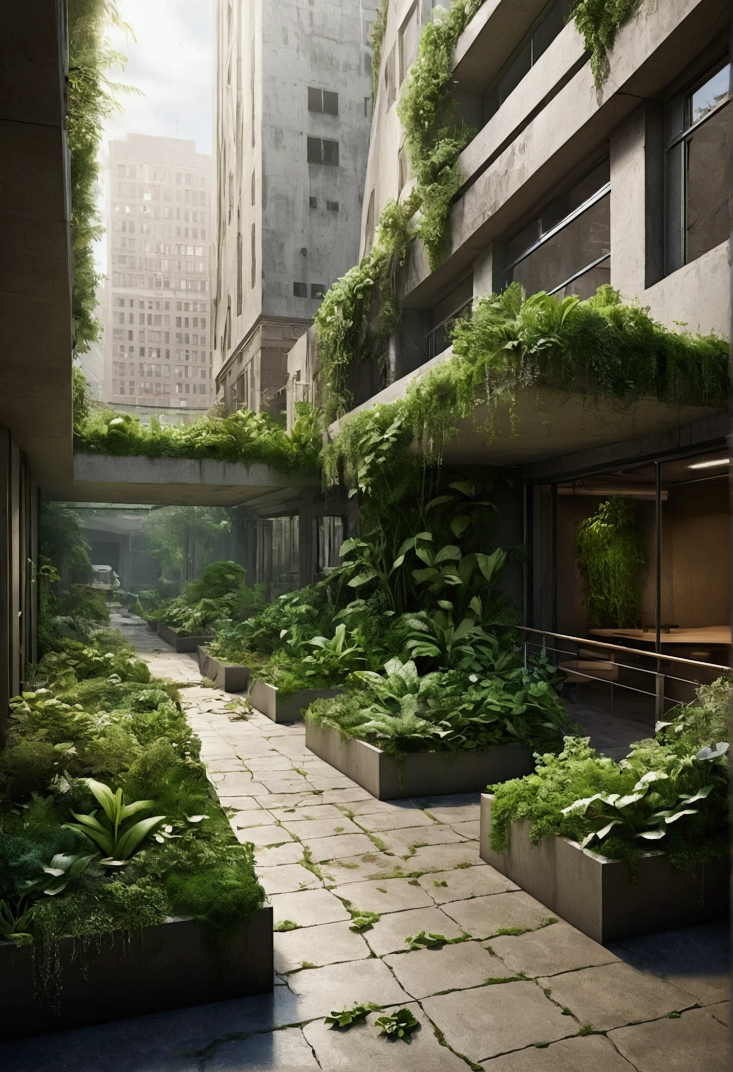 After 24 hours, as humans reappear, they would find a world slightly changed: A cityscape that has subtly transformed during their absence. Nature has begun to reclaim the environment, with plants growing through pavement cracks, wild animals exploring urban areas, and cleaner air reflecting a temporary environmental recovery. The scene should show a mix of human structures and emerging greenery, highlighting the brief yet significant changes in the world during their absence and offering a poignant glimpse into a reality where nature starts to heal without human interference.