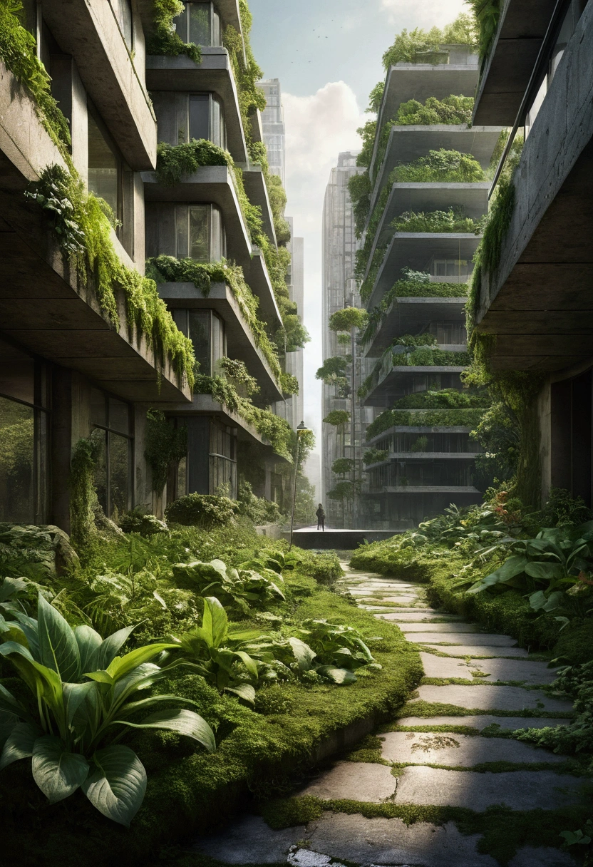 After 24 hours, as humans reappear, they would find a world slightly changed: A cityscape that has subtly transformed during their absence. Nature has begun to reclaim the environment, with plants growing through pavement cracks, wild animals exploring urban areas, and cleaner air reflecting a temporary environmental recovery. The scene should show a mix of human structures and emerging greenery, highlighting the brief yet significant changes in the world during their absence and offering a poignant glimpse into a reality where nature starts to heal without human interference.