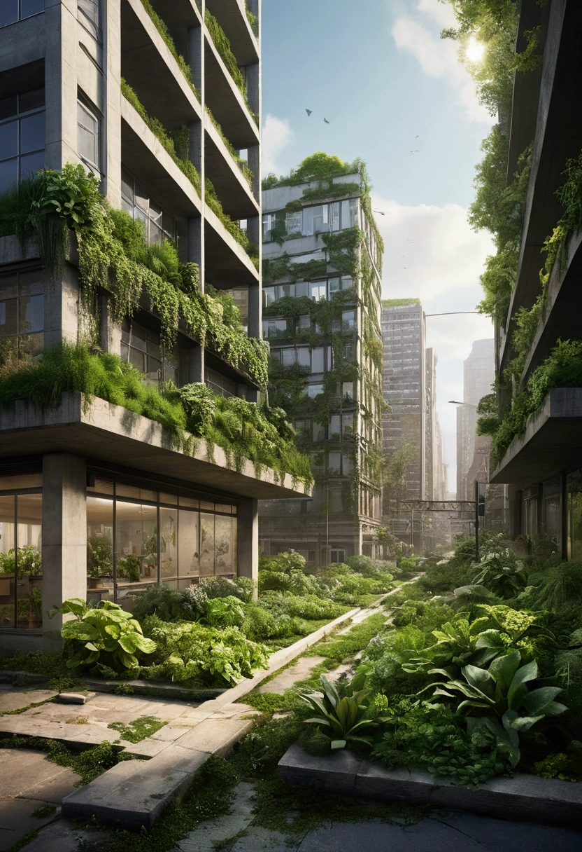 After 24 hours, as humans reappear, they would find a world slightly changed: A cityscape that has subtly transformed during their absence. Nature has begun to reclaim the environment, with plants growing through pavement cracks, wild animals exploring urban areas, and cleaner air reflecting a temporary environmental recovery. The scene should show a mix of human structures and emerging greenery, highlighting the brief yet significant changes in the world during their absence and offering a poignant glimpse into a reality where nature starts to heal without human interference.