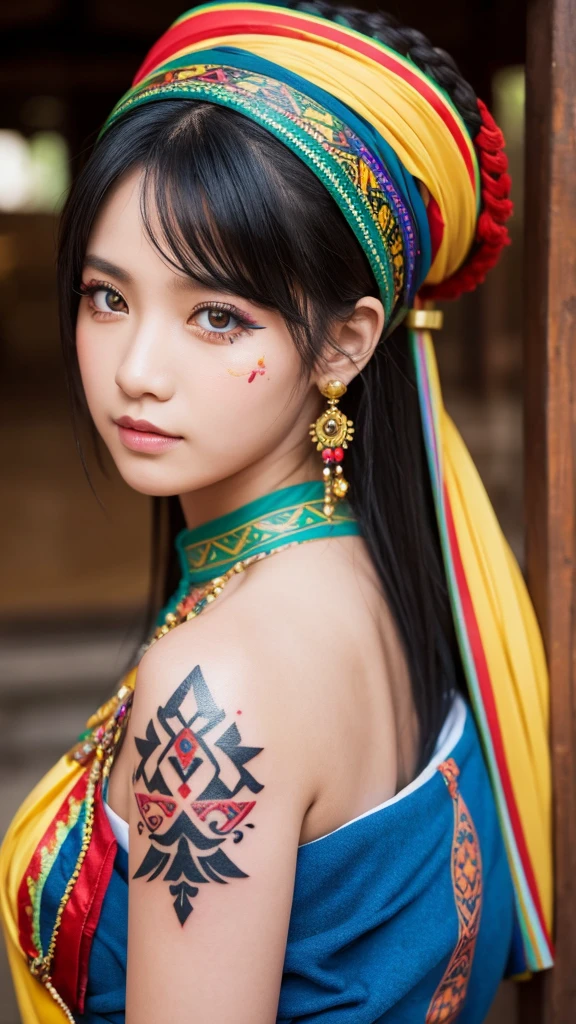 Ethnic Tattoos、woman、High resolution, National costume、One girl, Golden Eyes, Colorful Accessories、Black Hair、