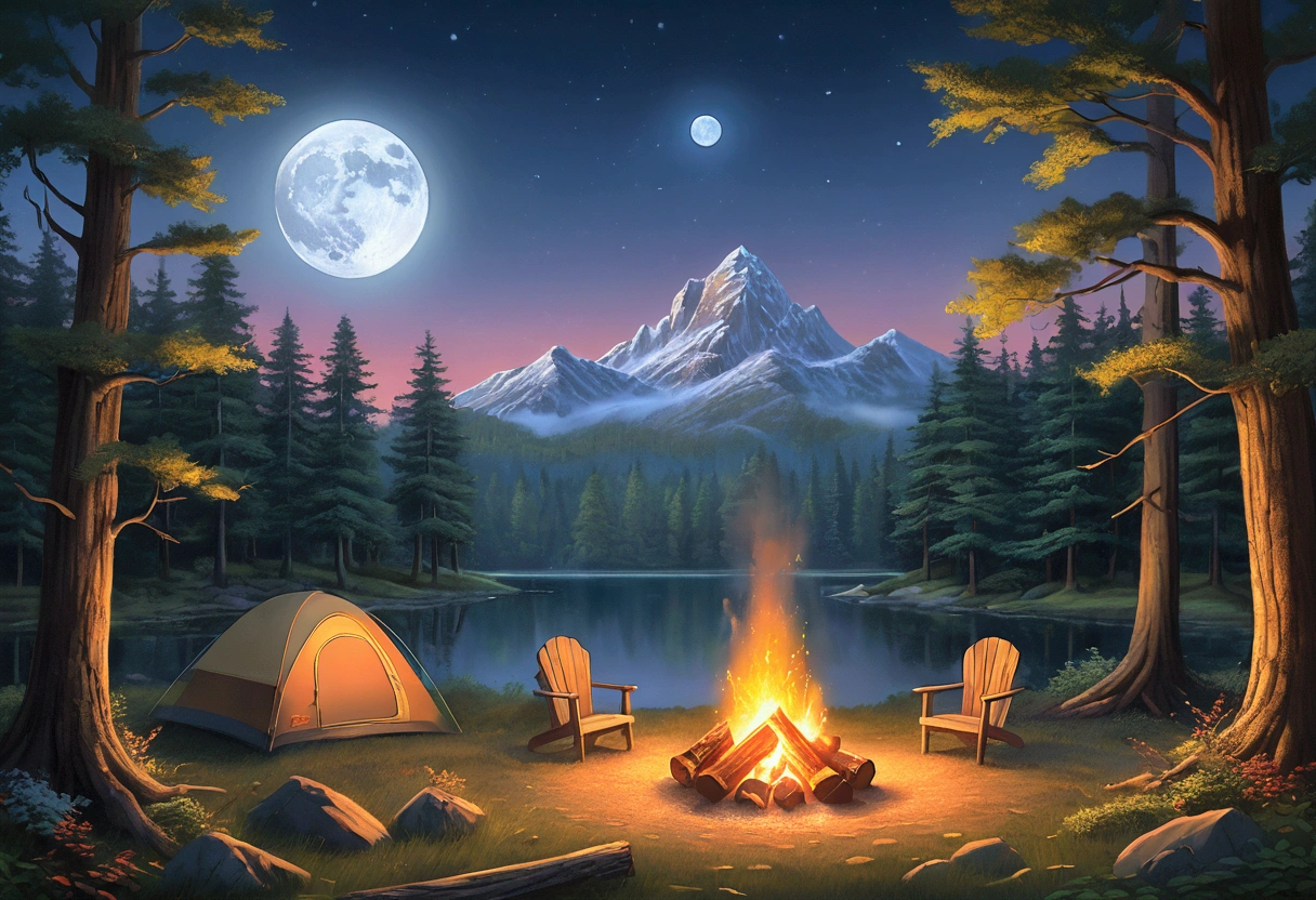 Campfire Under a Full Moon:

A cozy campsite nestled in a forest clearing, with a crackling campfire at its center. The full moon casts a soft, silvery light over the scene, illuminating the surrounding trees and the peaceful faces of the campers gathered around the fire. [Digital illustration, inspired by Thomas Kinkade and Bob Ross, with a touch of realism in the landscape], [Cool, moonlit lighting with warm firelight, focus on the campfire and forest, sharp details, realistic textures, smooth transitions]