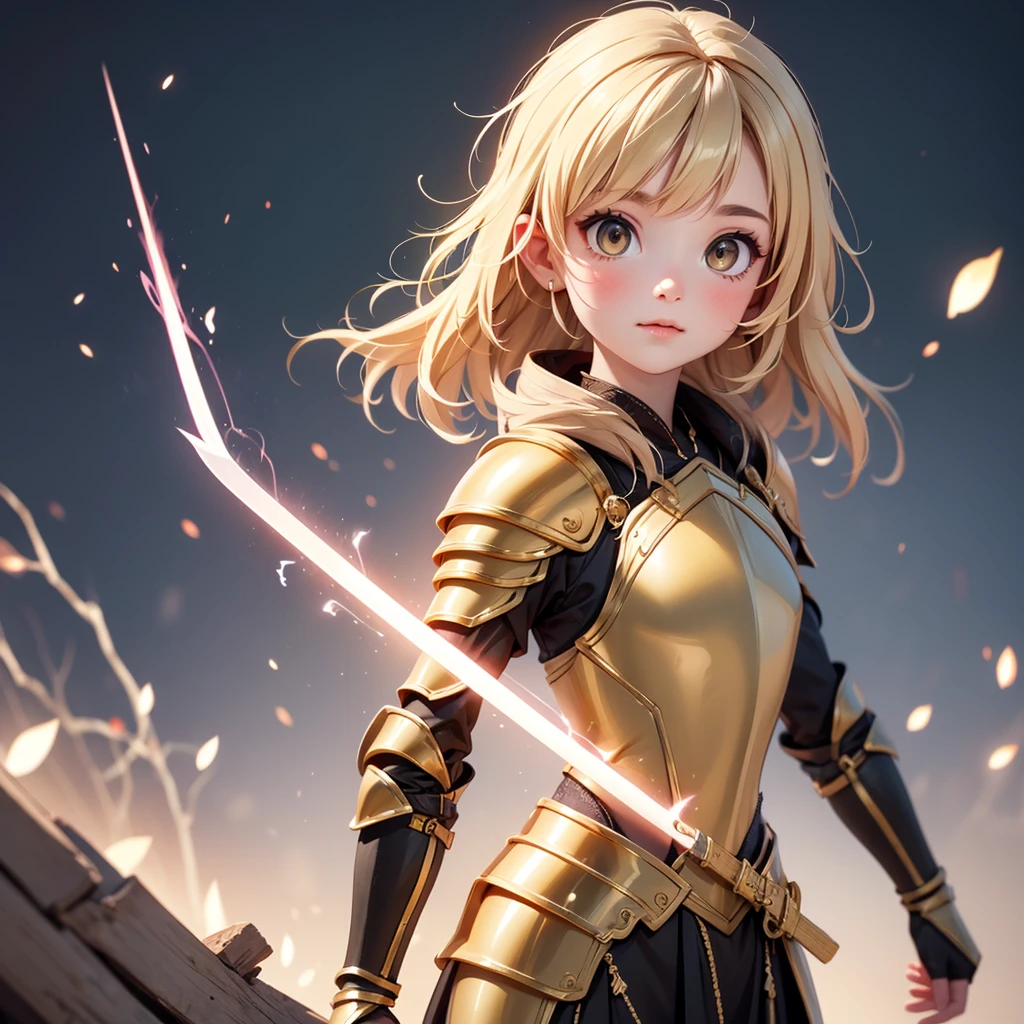 Ultra Realistic Girl, gold hair, gold eyes, Flat Chest,gold knight armor, golden lightning sword, gold lightning, 